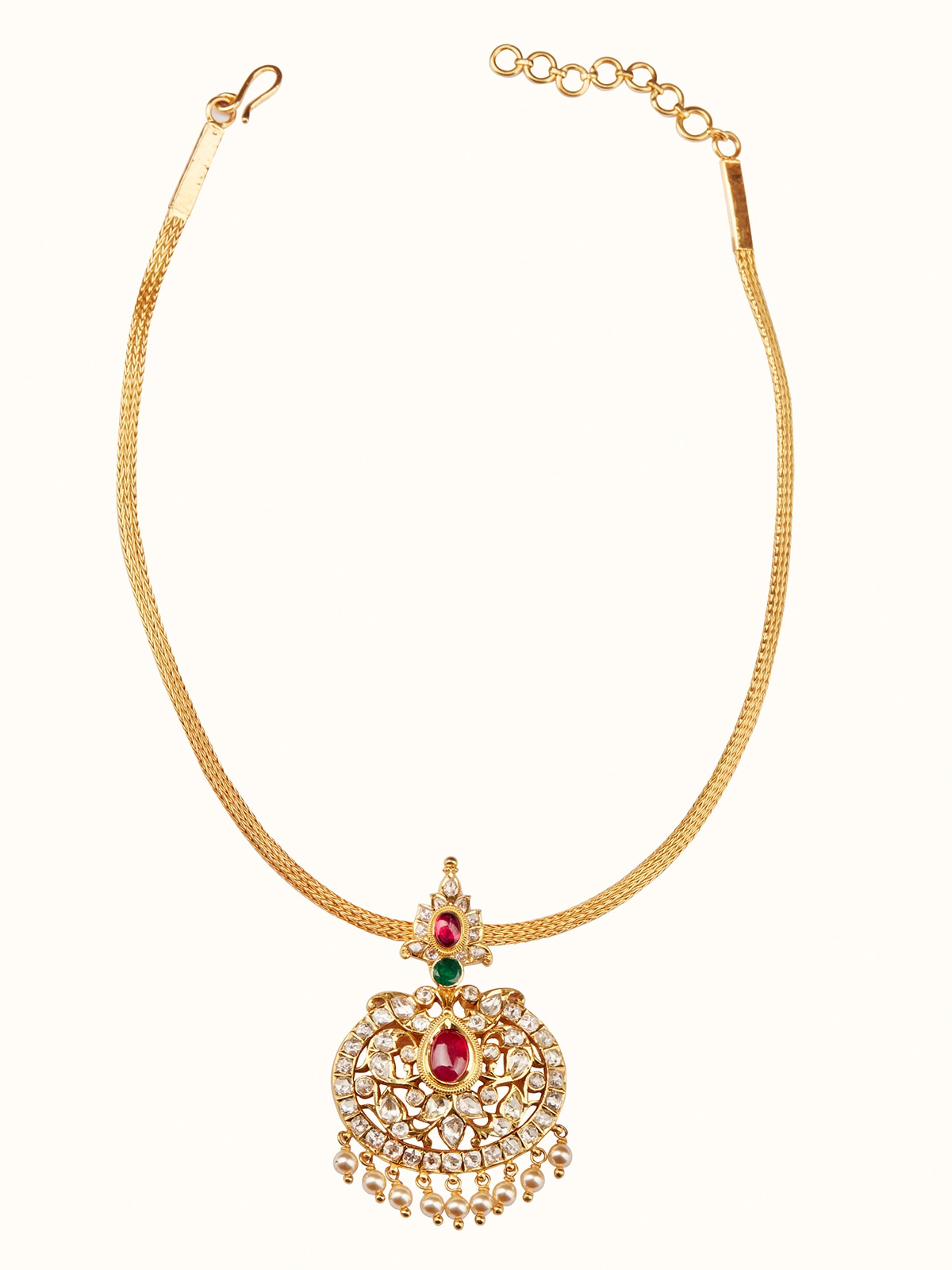 Front view of Kundala Velai 22 Karat Gold Collar Necklace displaying rich gold design