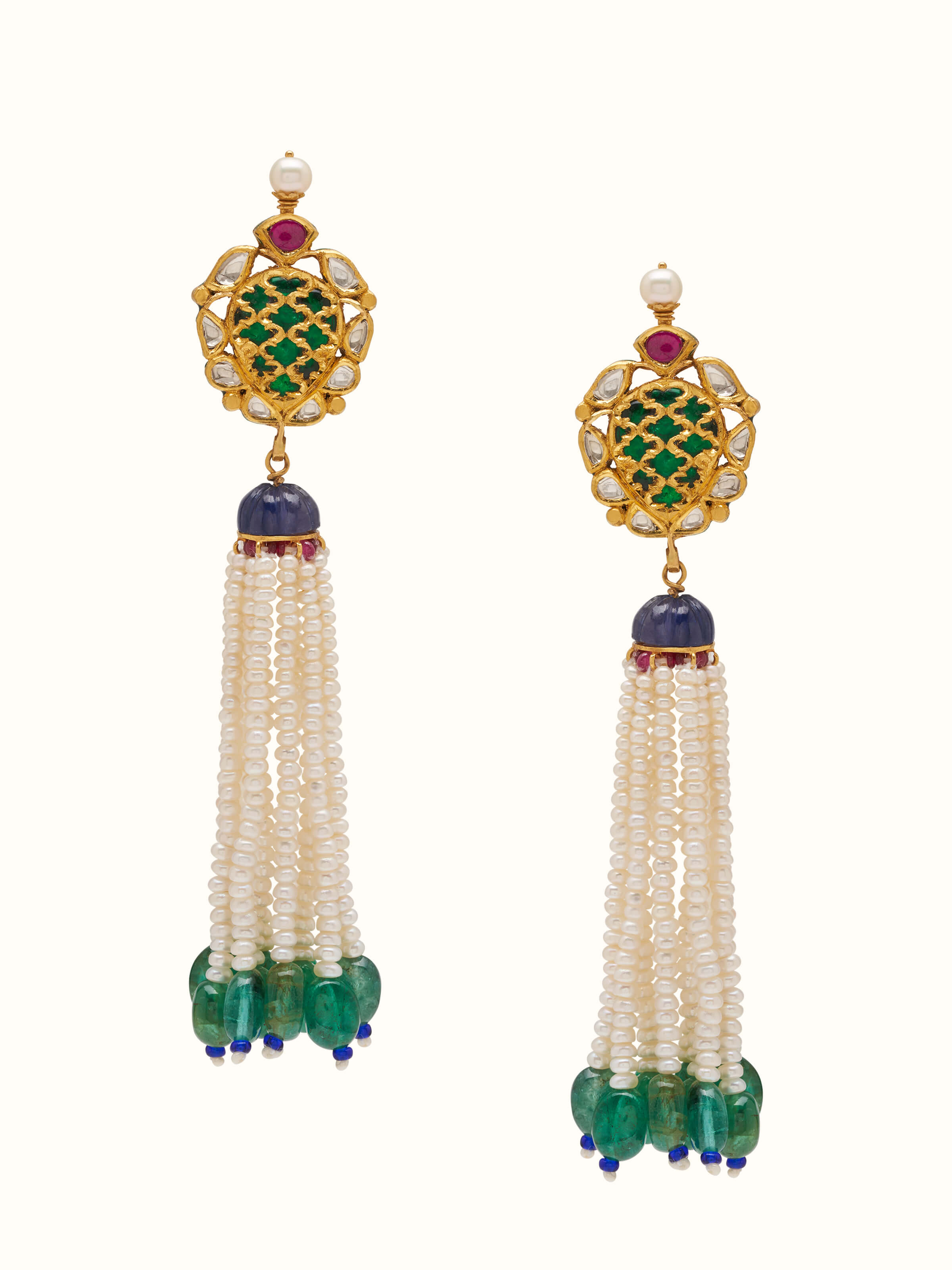 Front view of Badroom 22 Karat Gold Drop Earrings by Swadesh displaying graceful drop design and lustrous gold finish