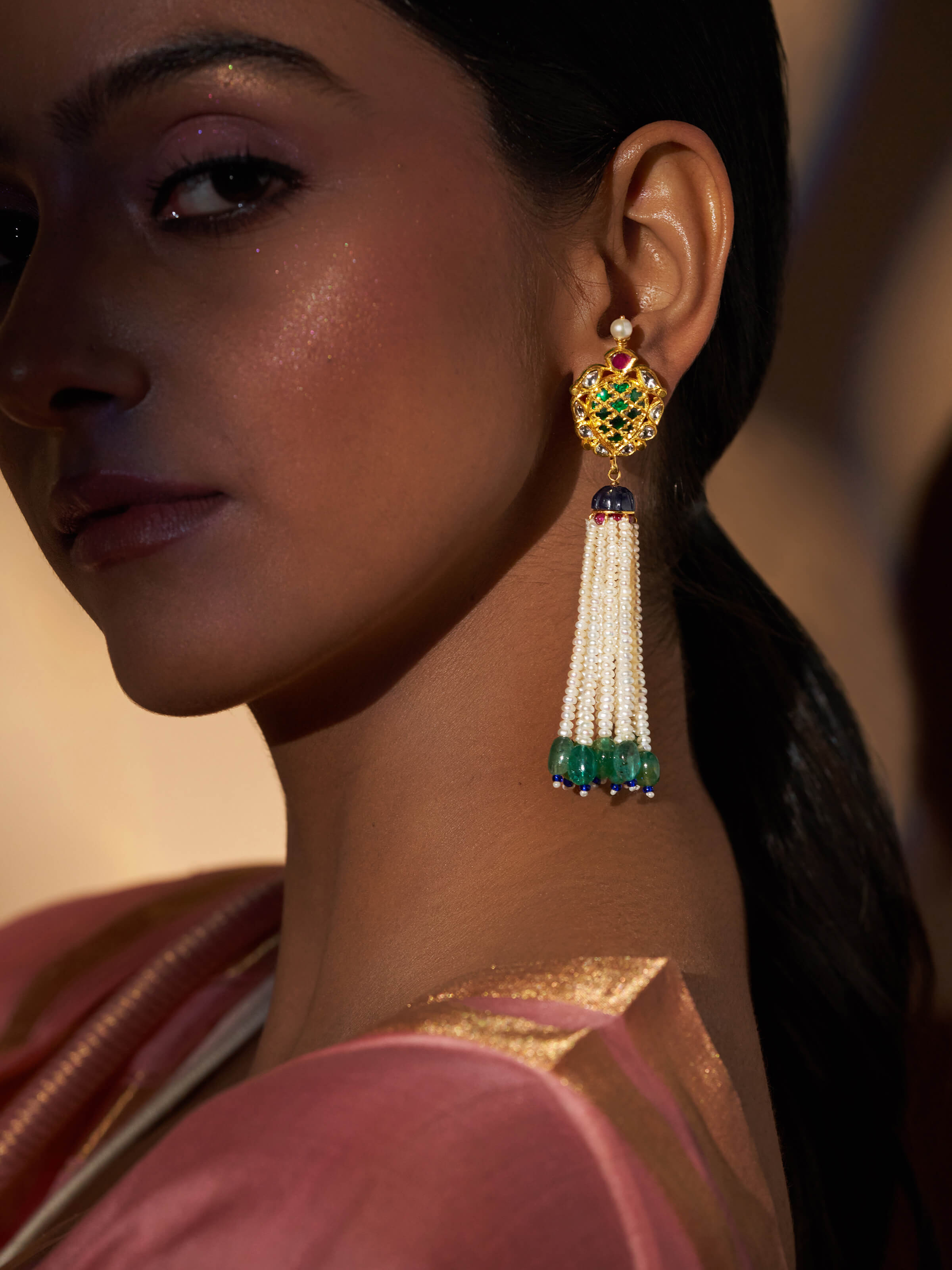 Side view of Swadesh Badroom 22 Karat Gold Drop Earrings highlighting delicate chain and elegant drop silhouette