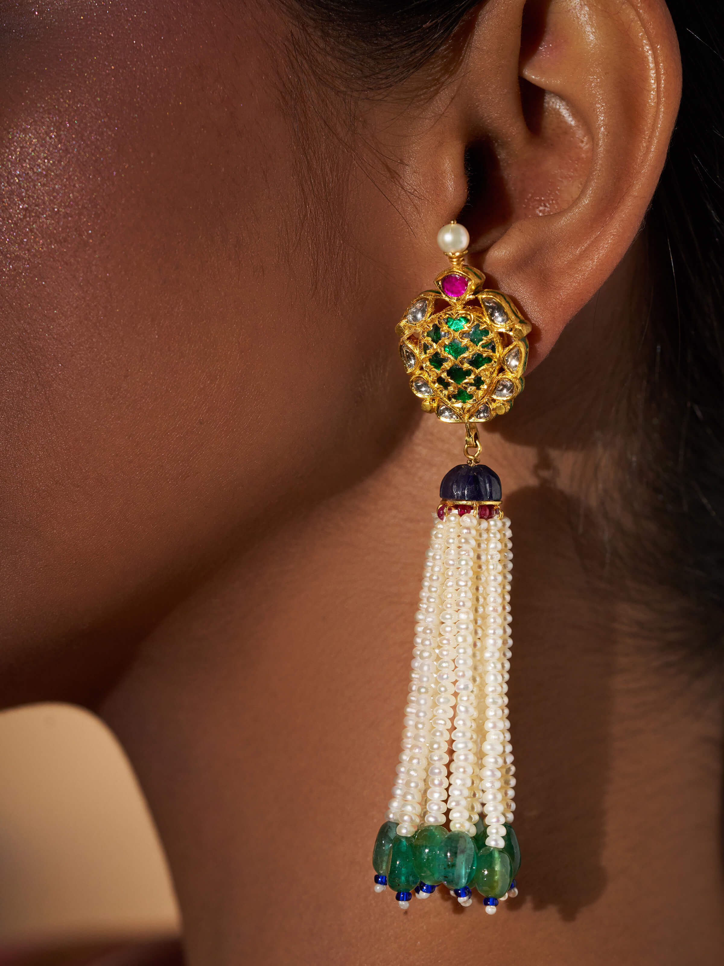 Detailed view of Badroom 22 Karat Gold Drop Earrings by Swadesh showcasing intricate design and premium gold sheen