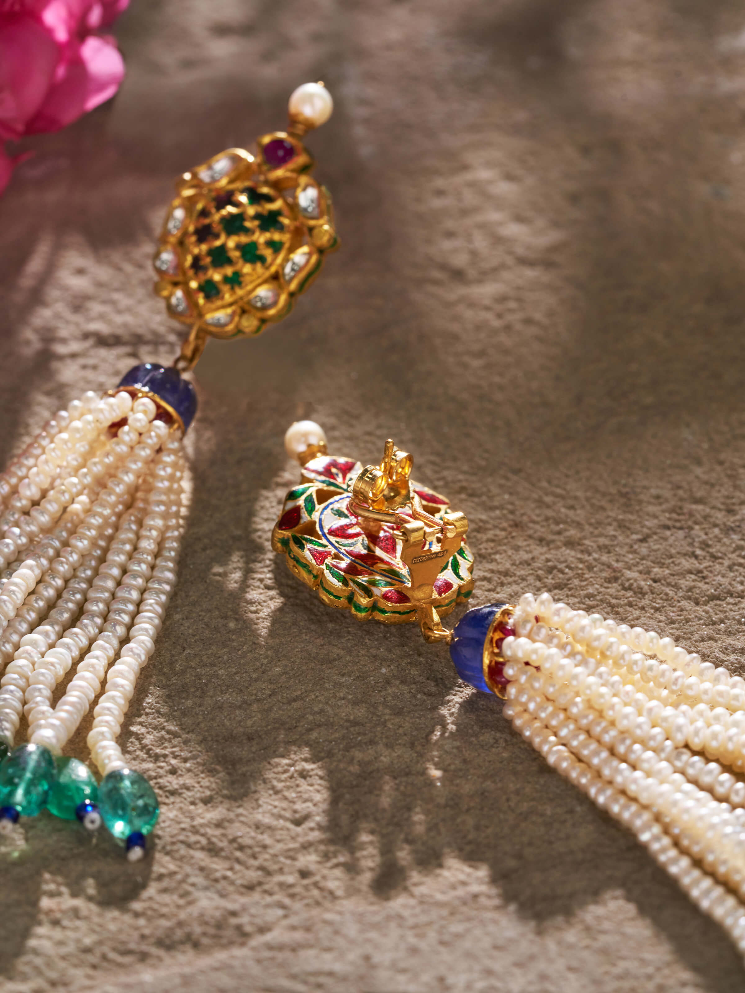 Close-up view of Swadesh Badroom 22 Karat Gold Drop Earrings highlighting fine craftsmanship and radiant gold tone