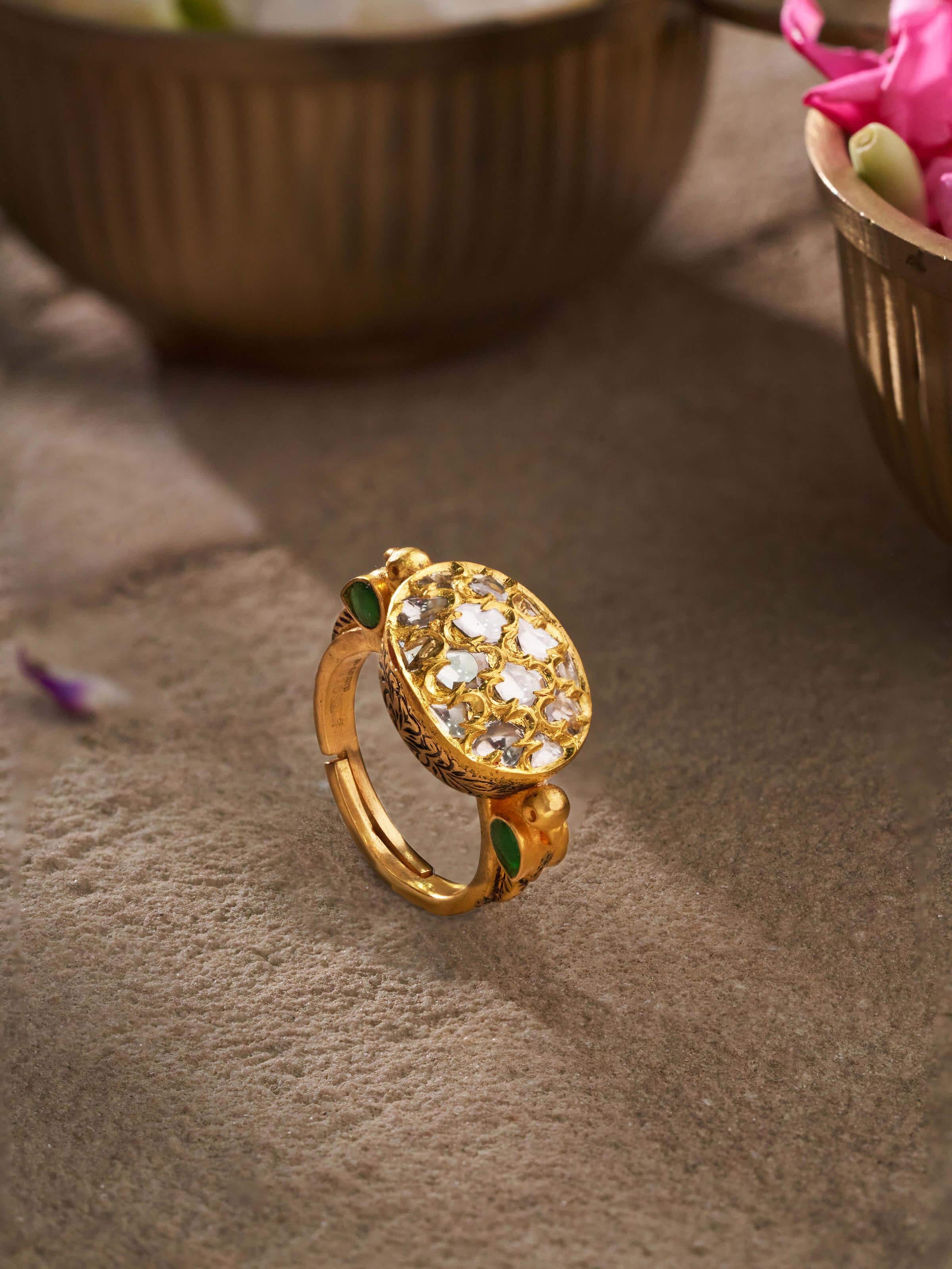 Angled view of Badroom 22 Karat gold ring showing intricate design from side profile.
