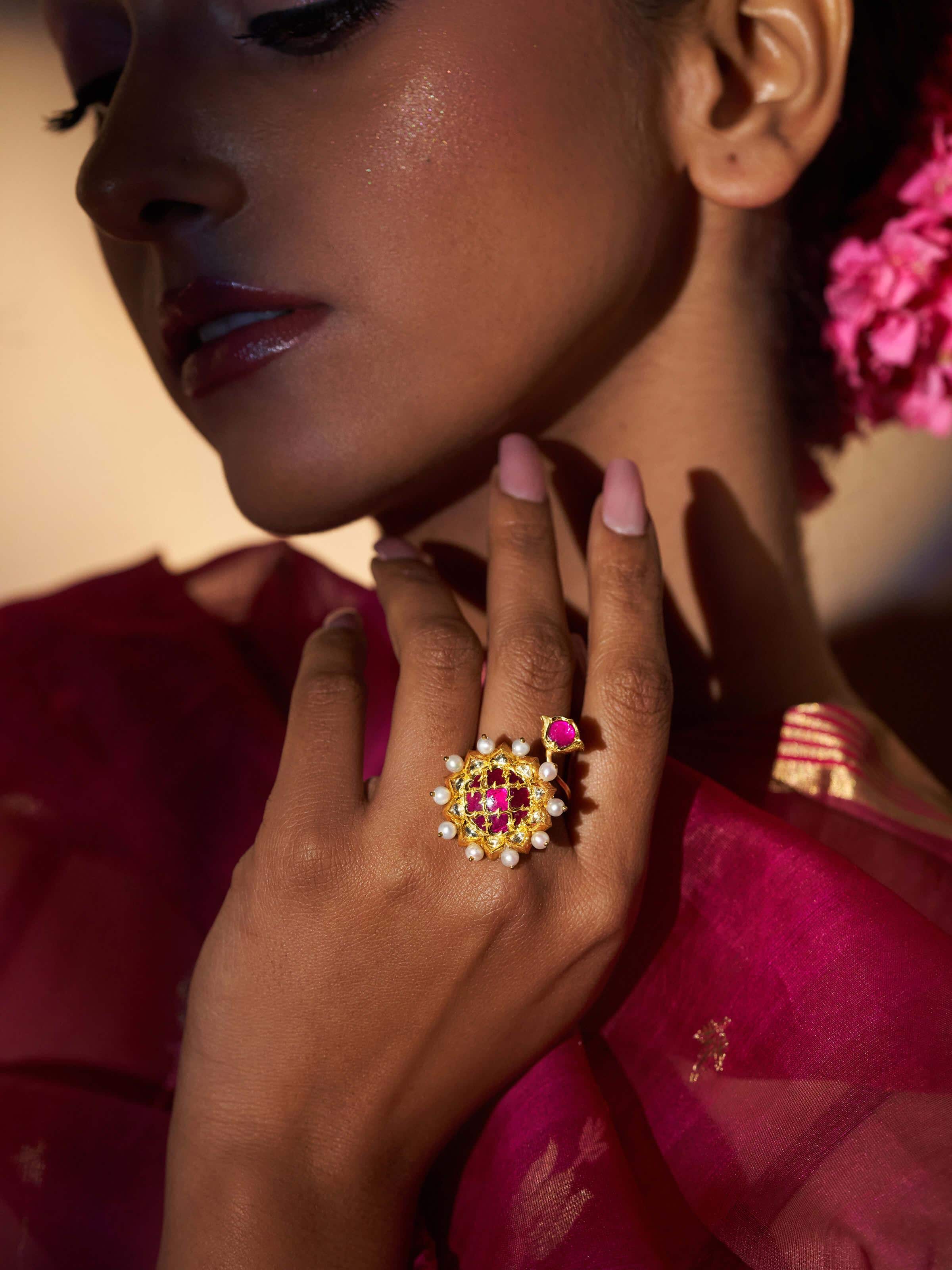 Close-up view of Badroom 22 Karat Gold Adjustable Ring highlighting the detailed goldwork and adjustable feature.