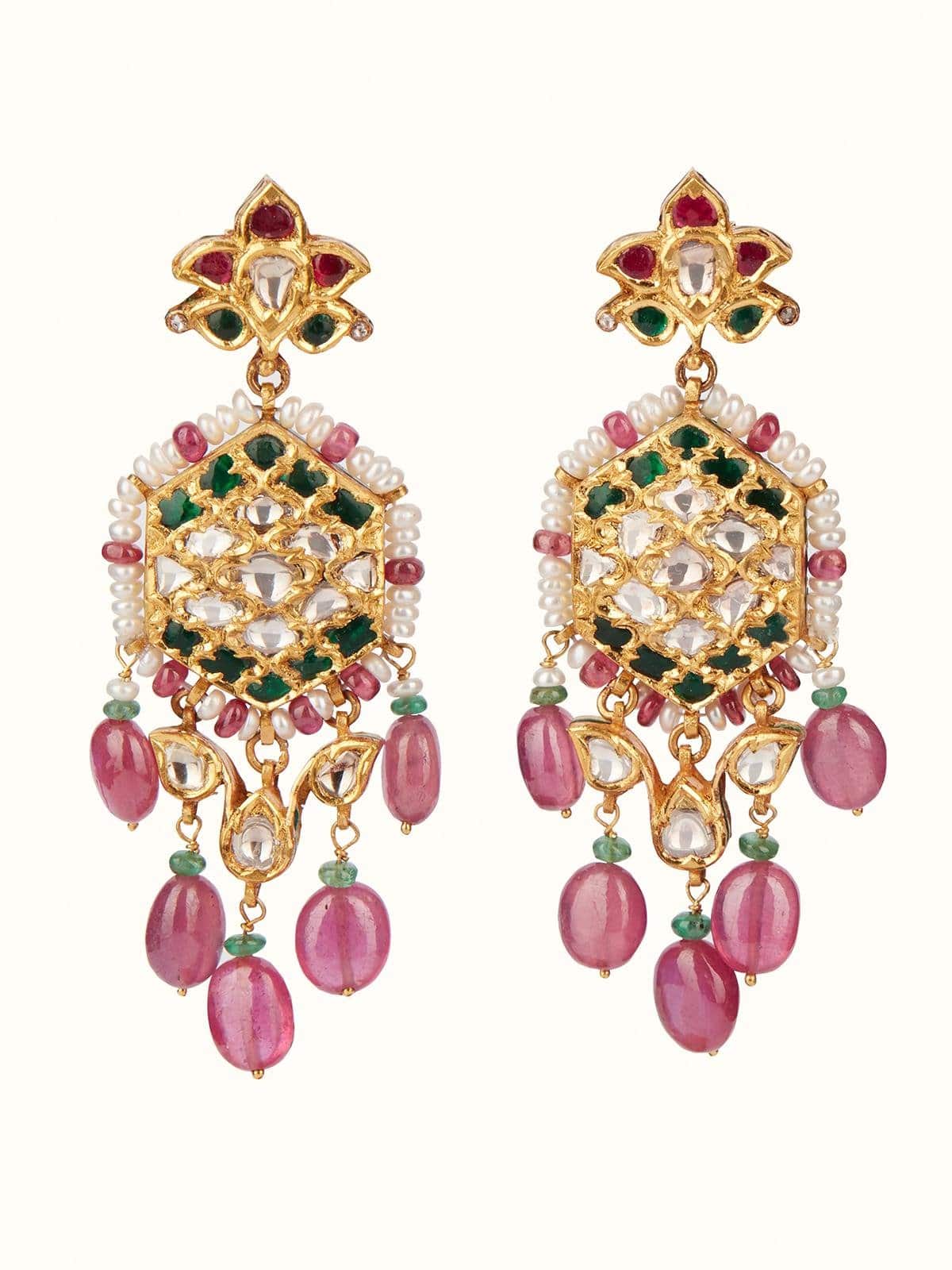 Front view of Badroom 22 Karat Gold Drop Earrings showcasing their luxurious gold finish and design.