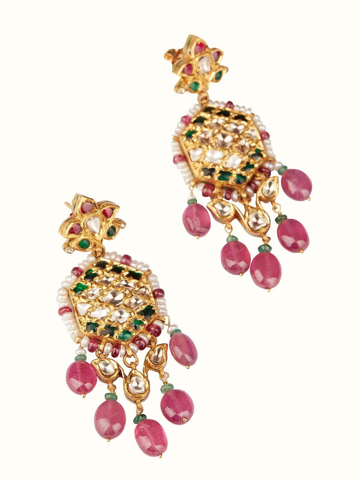 Side view of Badroom 22 Karat Gold Drop Earrings emphasizing their elegant drop design.