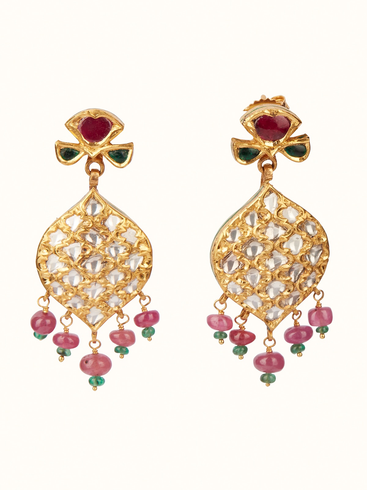 Front view of Badroom 22 karat gold drop earrings showcasing their luxurious design and gold finish.