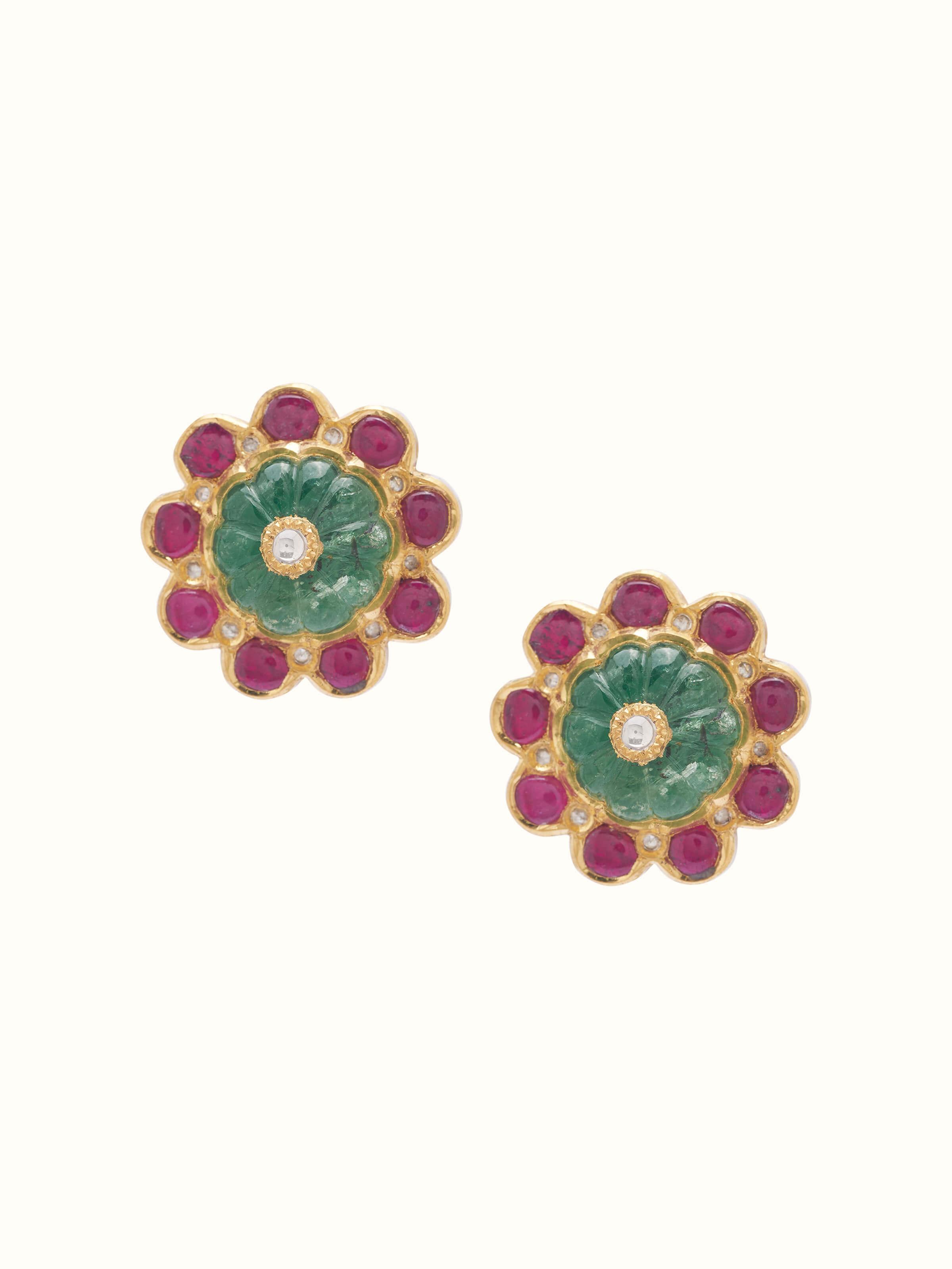 Front view of Jadau 18 Karat Gold Studs featuring their intricate goldwork and elegant design