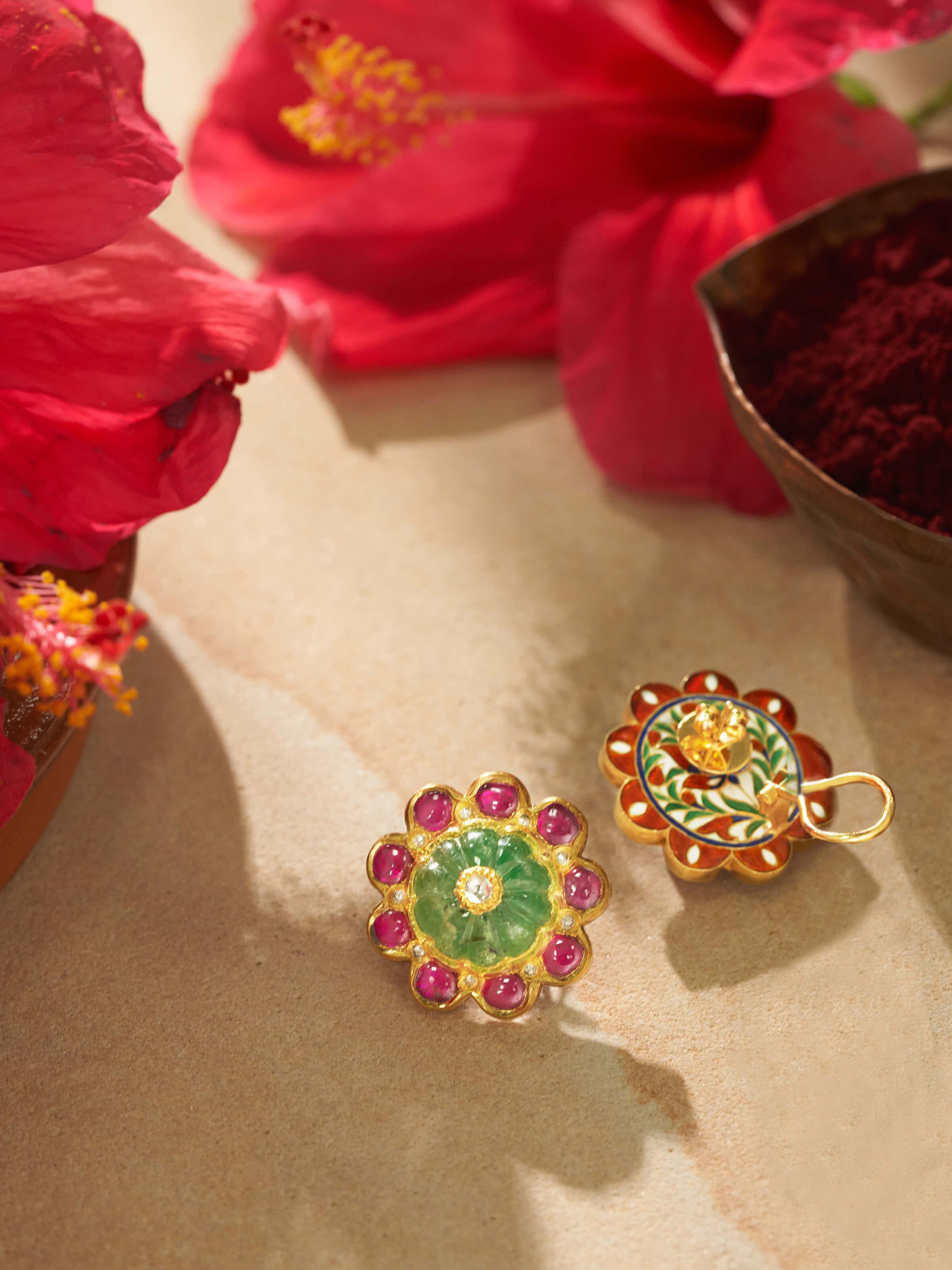 Angled view of Jadau 18 Karat Gold Studs showcasing the elegant gold design and stud setting