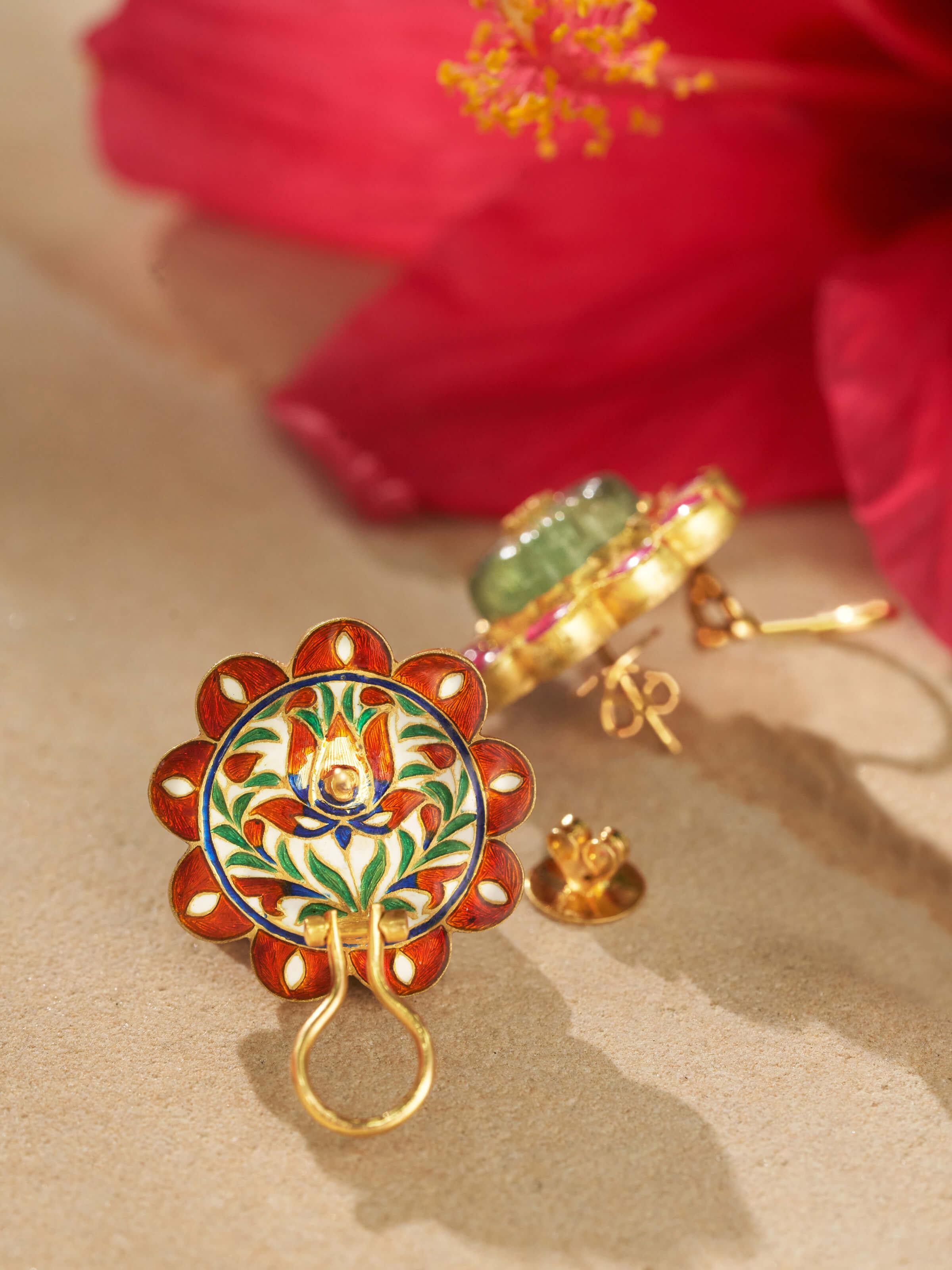 Detailed view of Jadau 18 Karat Gold Studs emphasizing the intricate gold design and craftsmanship