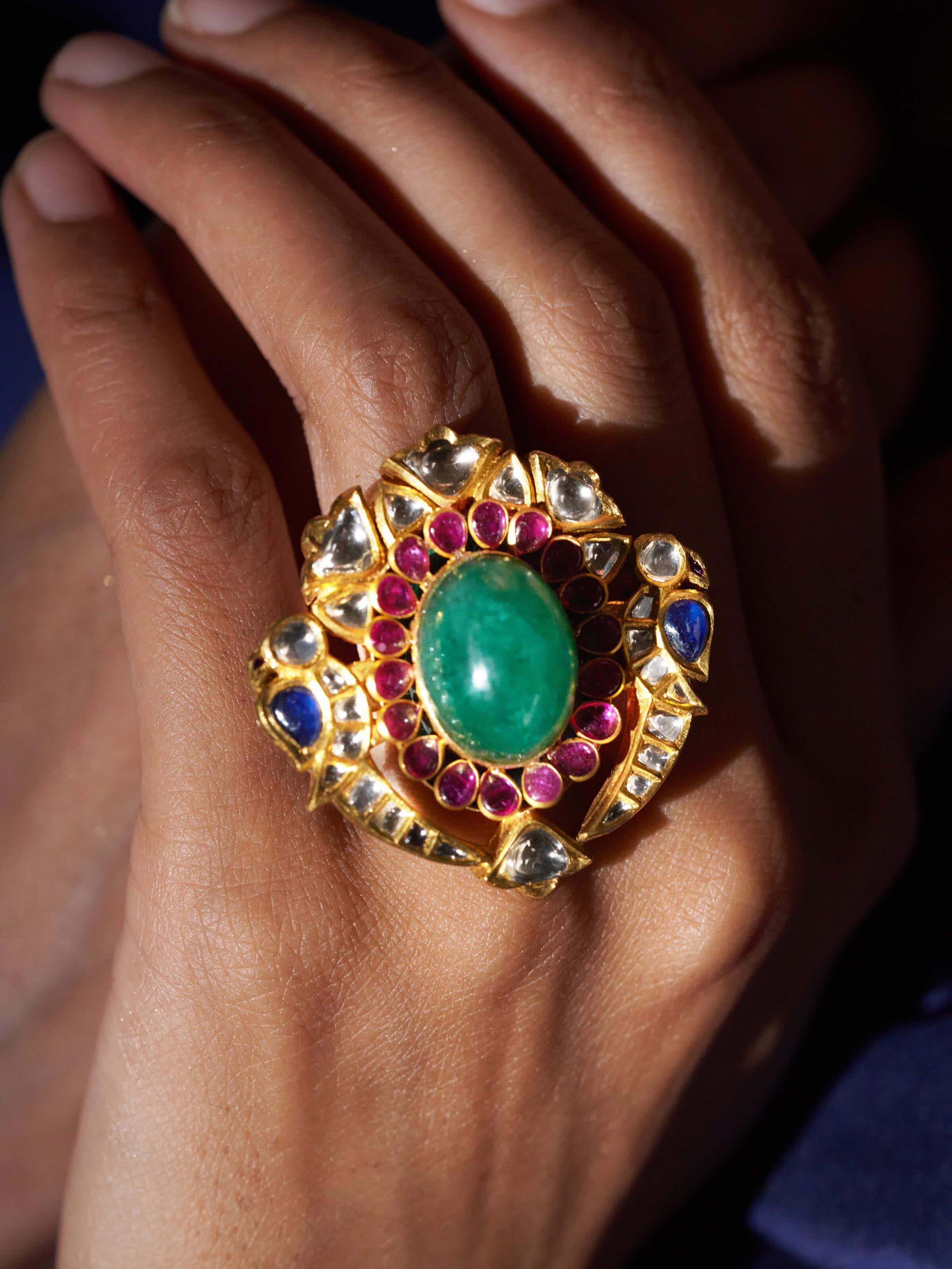 Close-up of ring highlighting raised Jadau design and intricate craftsmanship