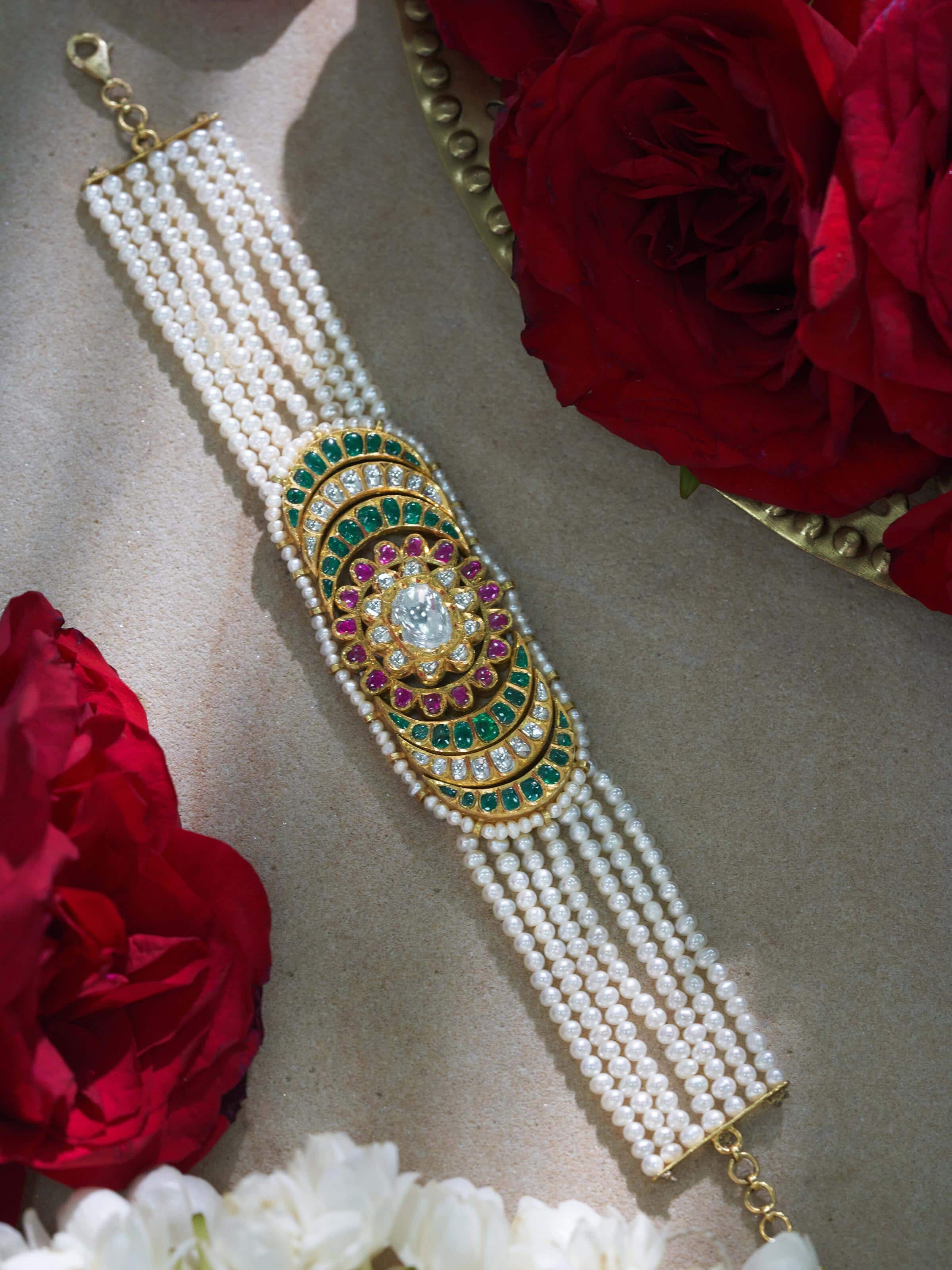 Close-up view of Jadau 18 Karat Gold Bracelet highlighting its detailed goldwork and design.