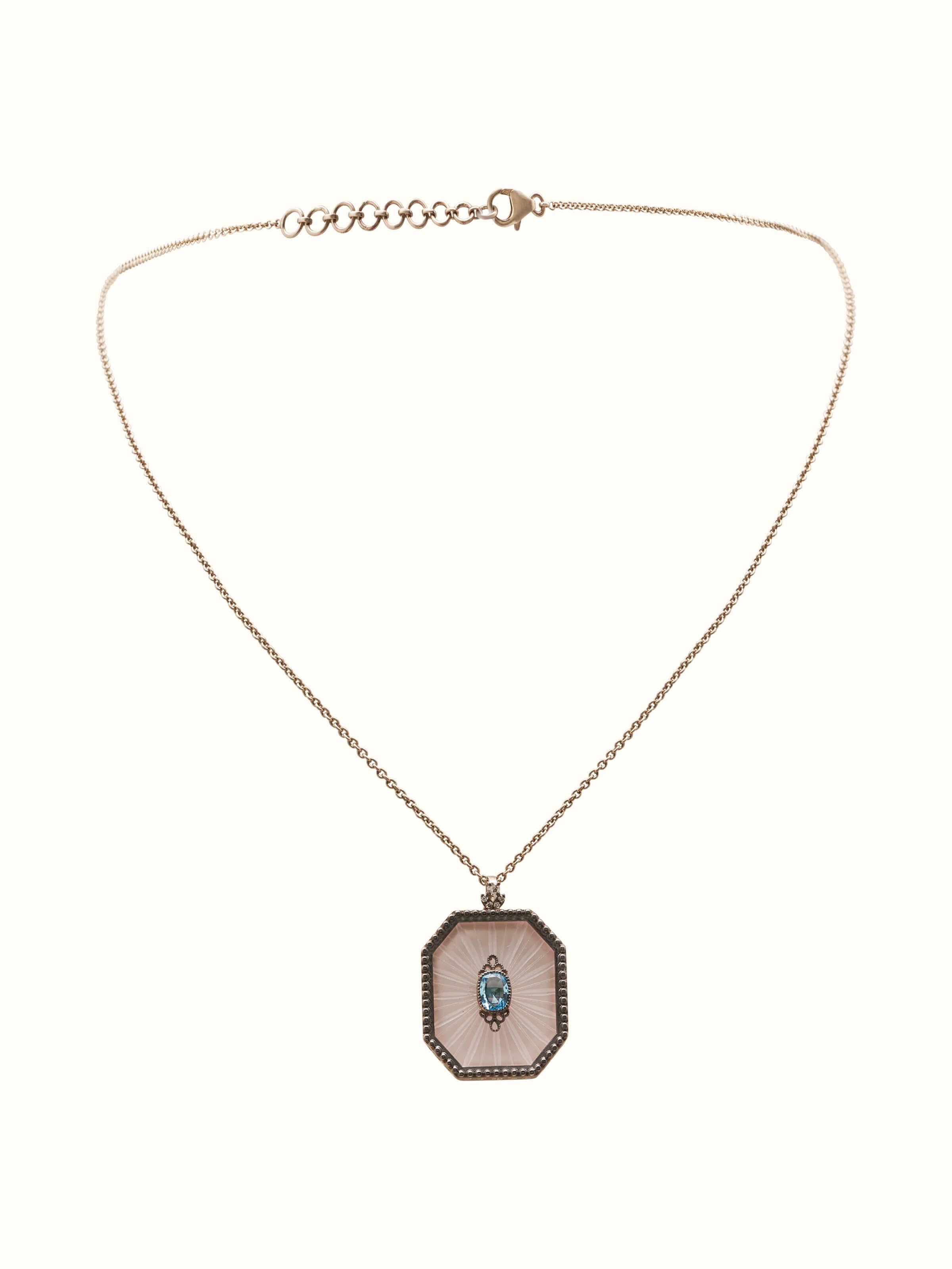 Front view of Lapidary 14 karat gold pendant and chain with faceted gemstone in a minimalist gold setting.