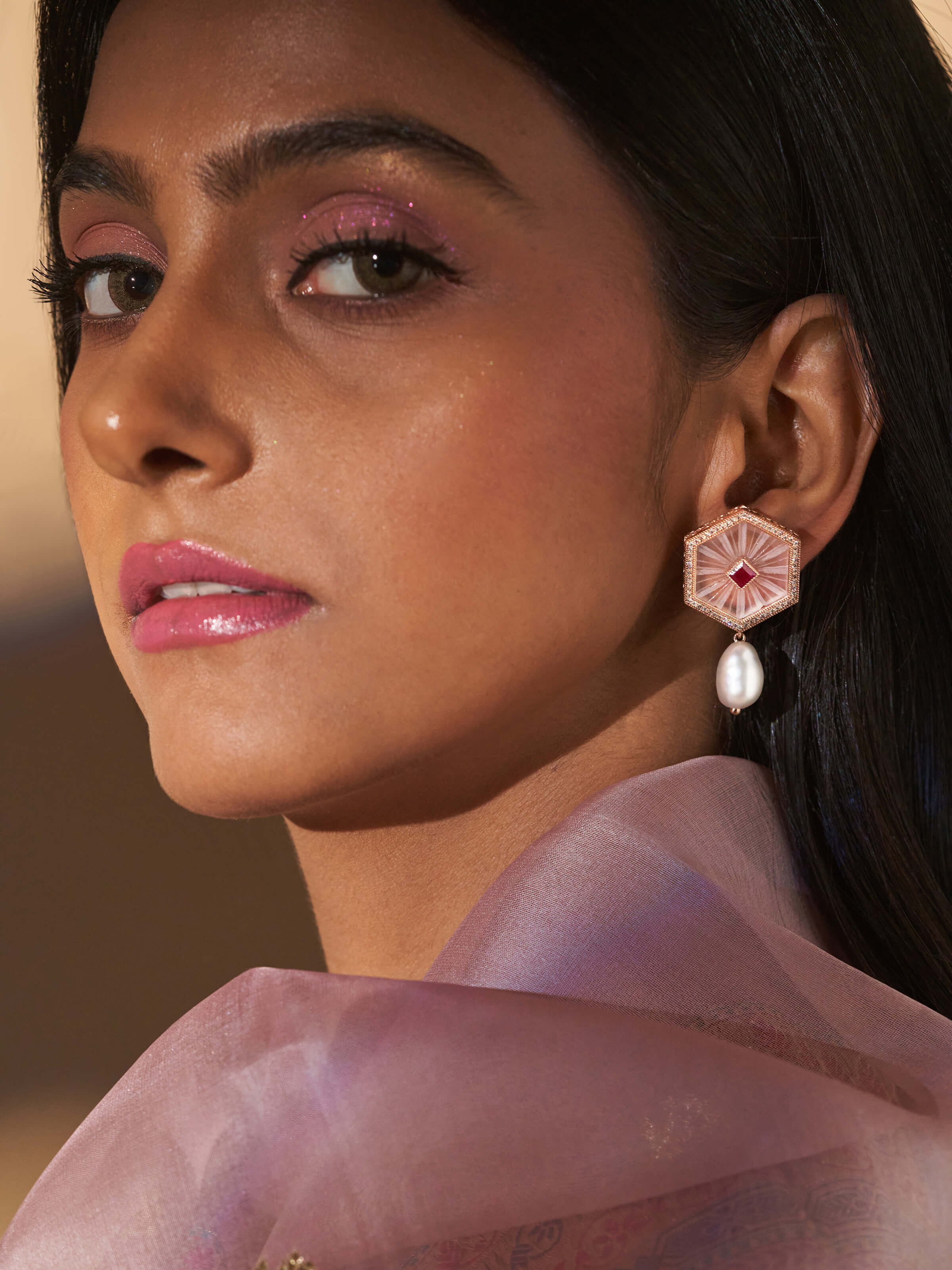 Close-up of Lapidary 14 Karat Gold Drop Earrings highlighting the high-quality gold and intricate detailing.