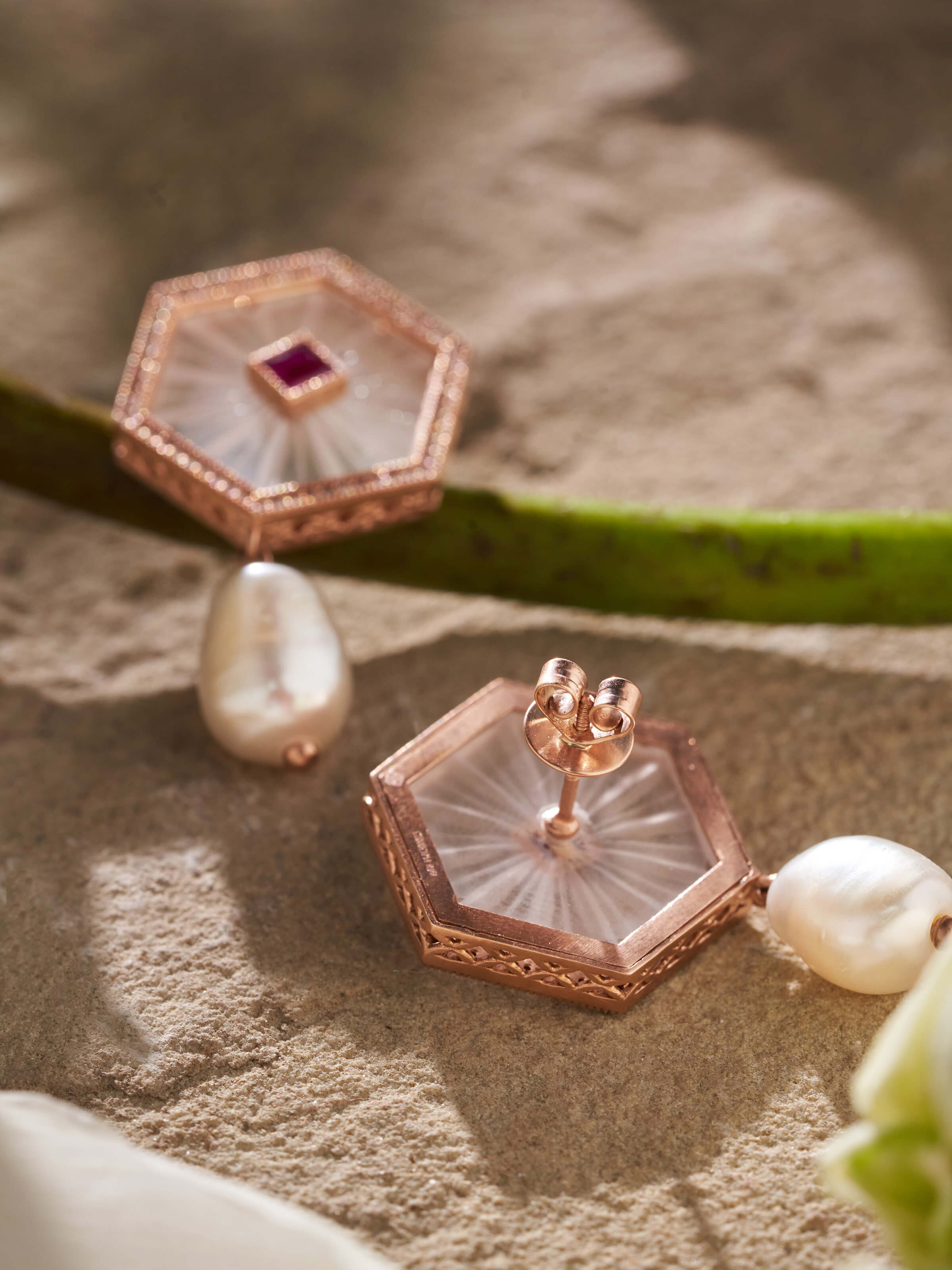 Detailed image of Lapidary 14 Karat Gold Drop Earrings focusing on the exquisite gold craftsmanship and design.