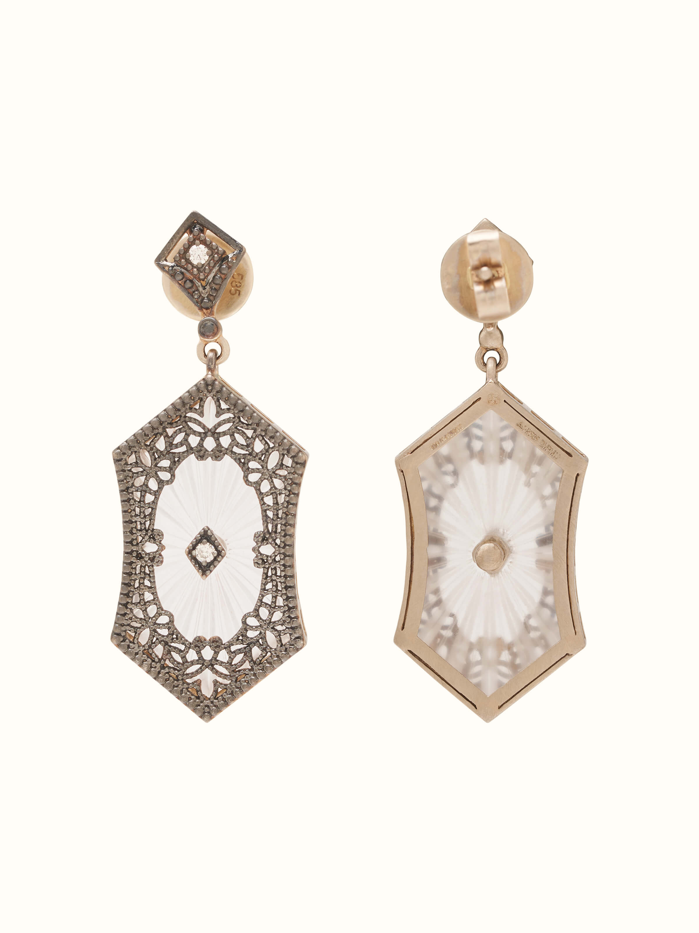 Angled view of Lapidary 14 karat gold drop earrings focusing on intricate design and elegant craftsmanship