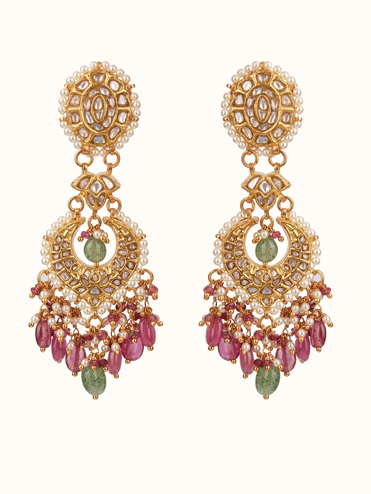 Front view of Thappa 22 karat gold drop earrings featuring intricate design and elegant detailing