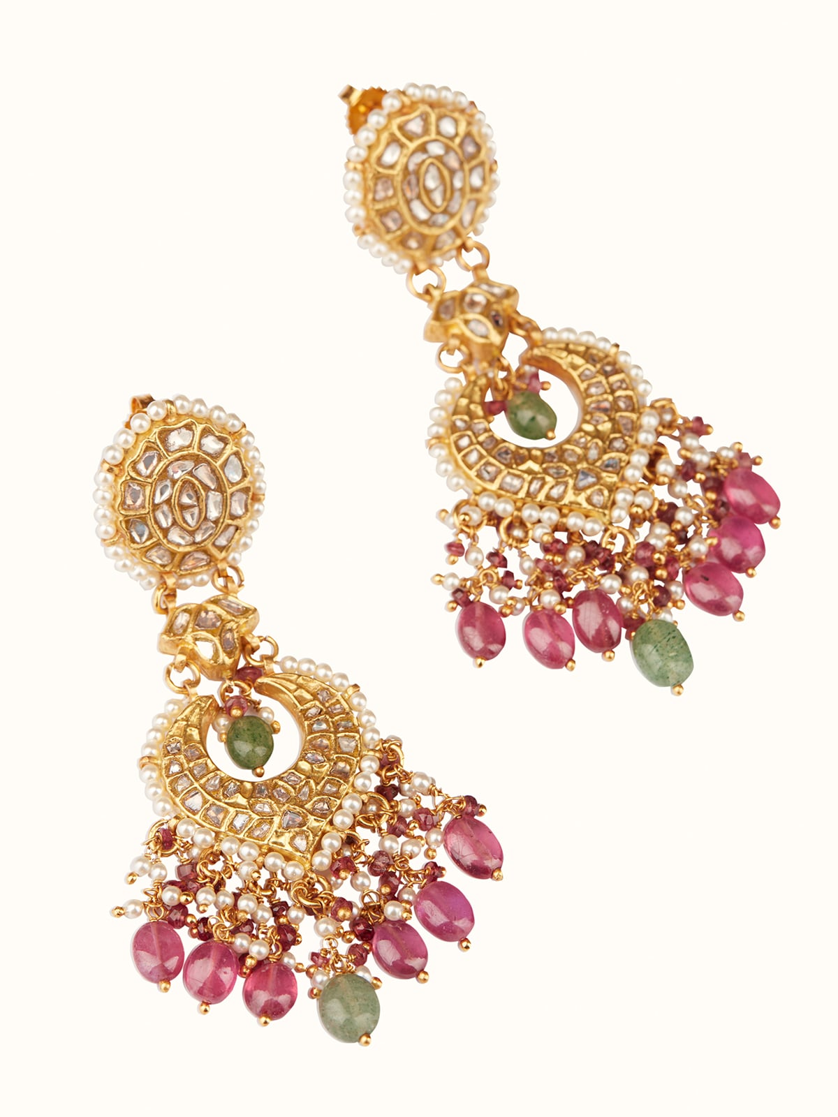 Close-up of Thappa 22 karat gold drop earrings emphasizing fine detailing and elegant gold finish