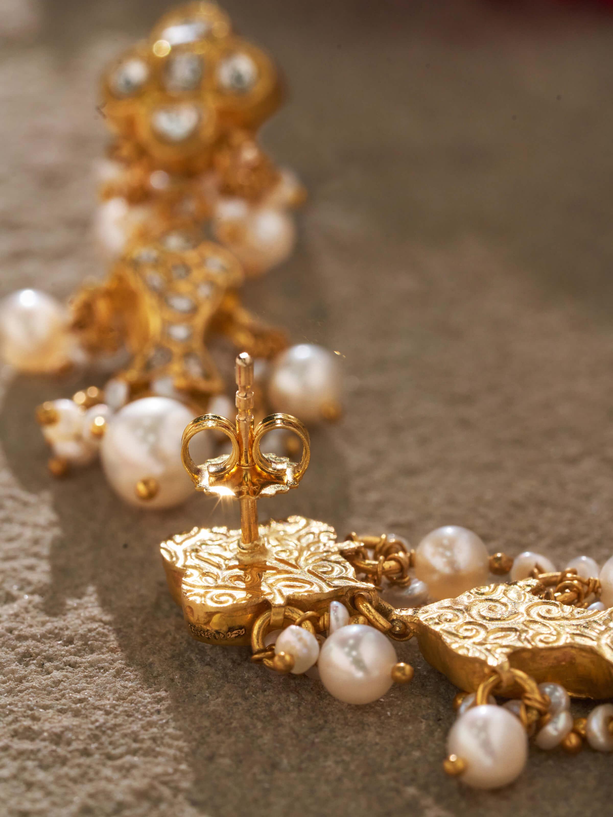 Close-up view of Thappa 22 Karat gold drop earrings emphasizing the detailed craftsmanship.
