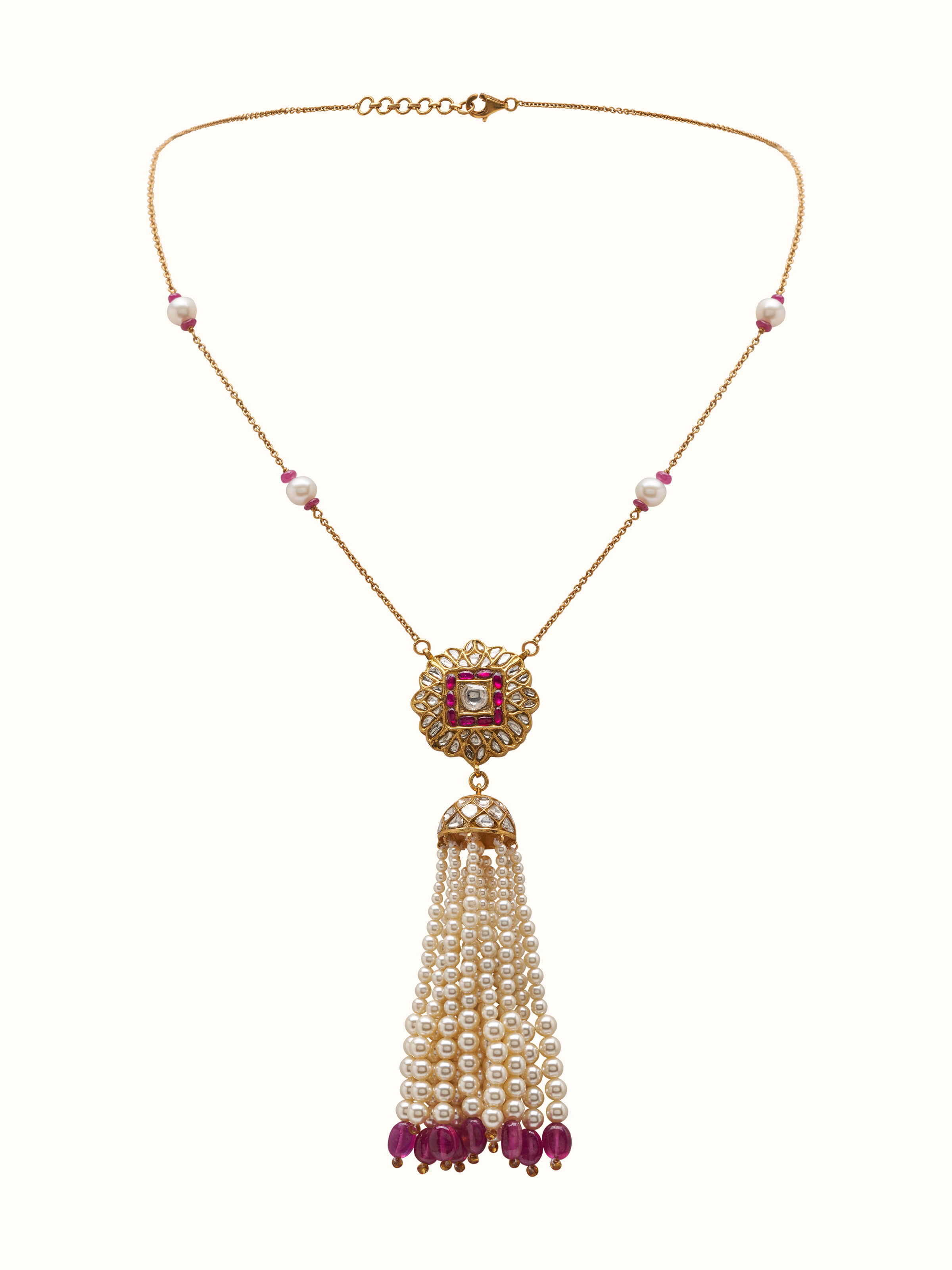 Front view of the Thappa 22 Karat Gold Pendant & Chain displaying its intricate gold design