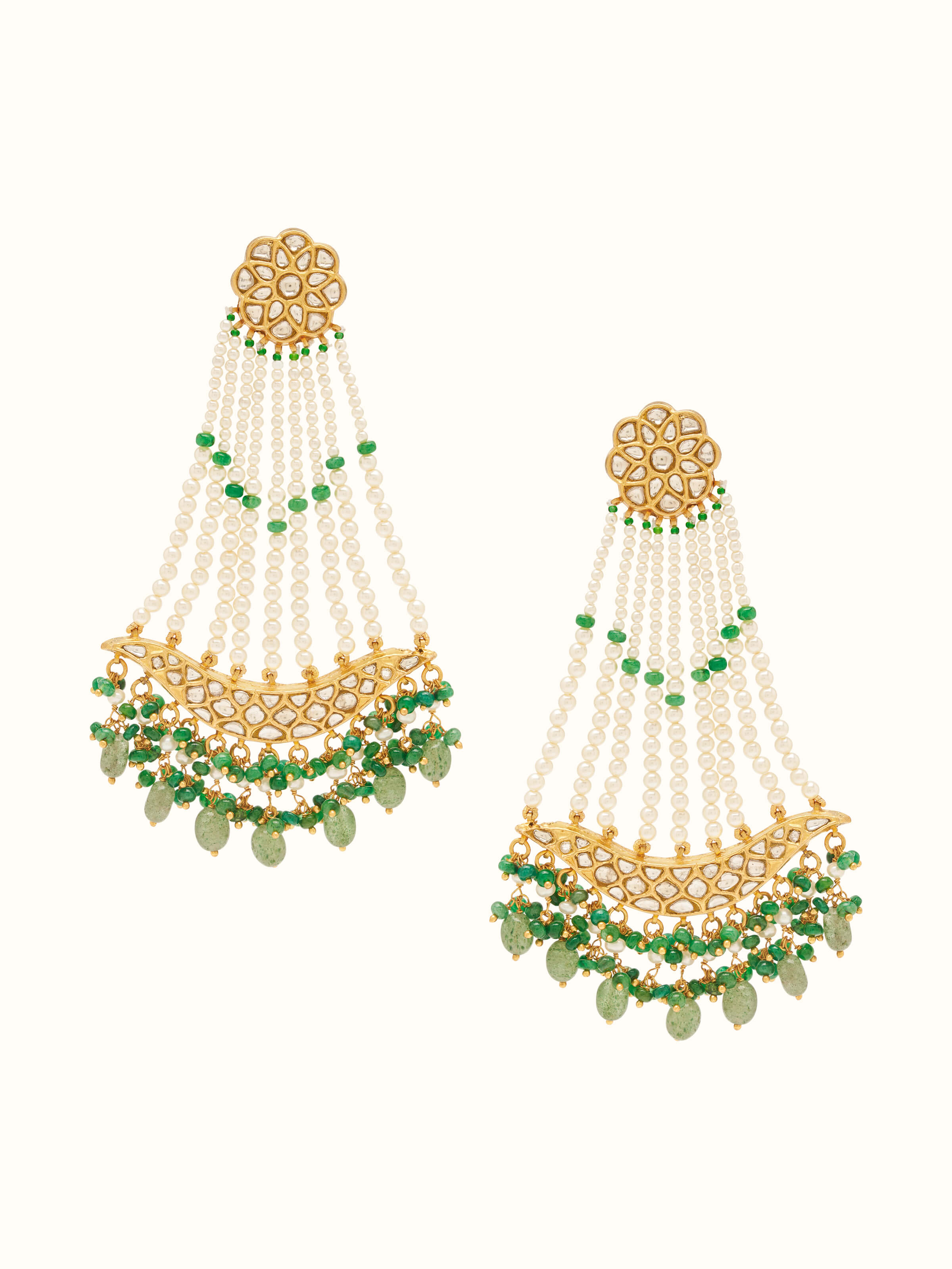 Front view of Thappa 22 Karat gold drop earrings with detailed embossing and polished finish