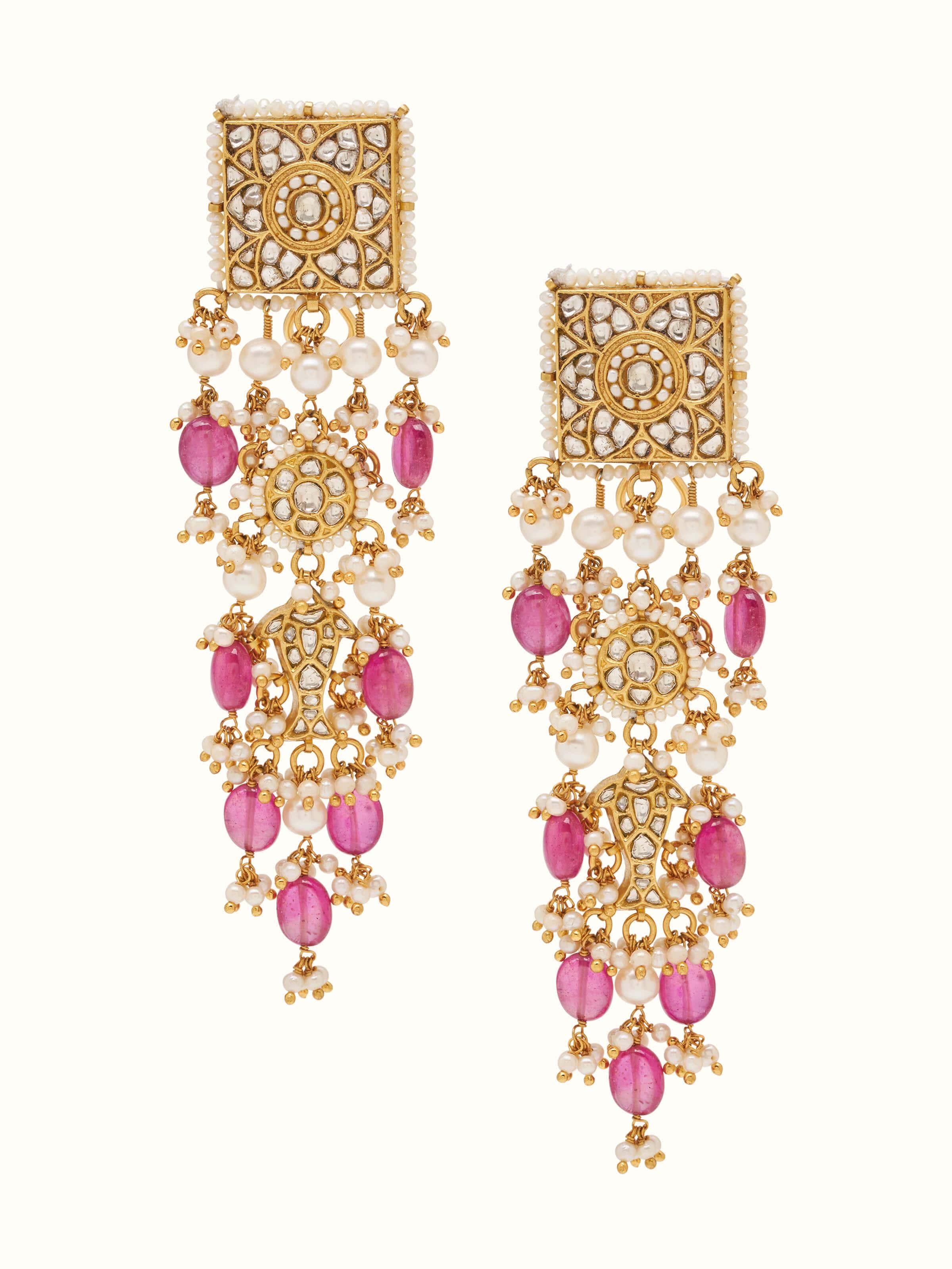 Front view of Thappa 22 karat gold drop earrings with intricate goldwork and elegant drop design.