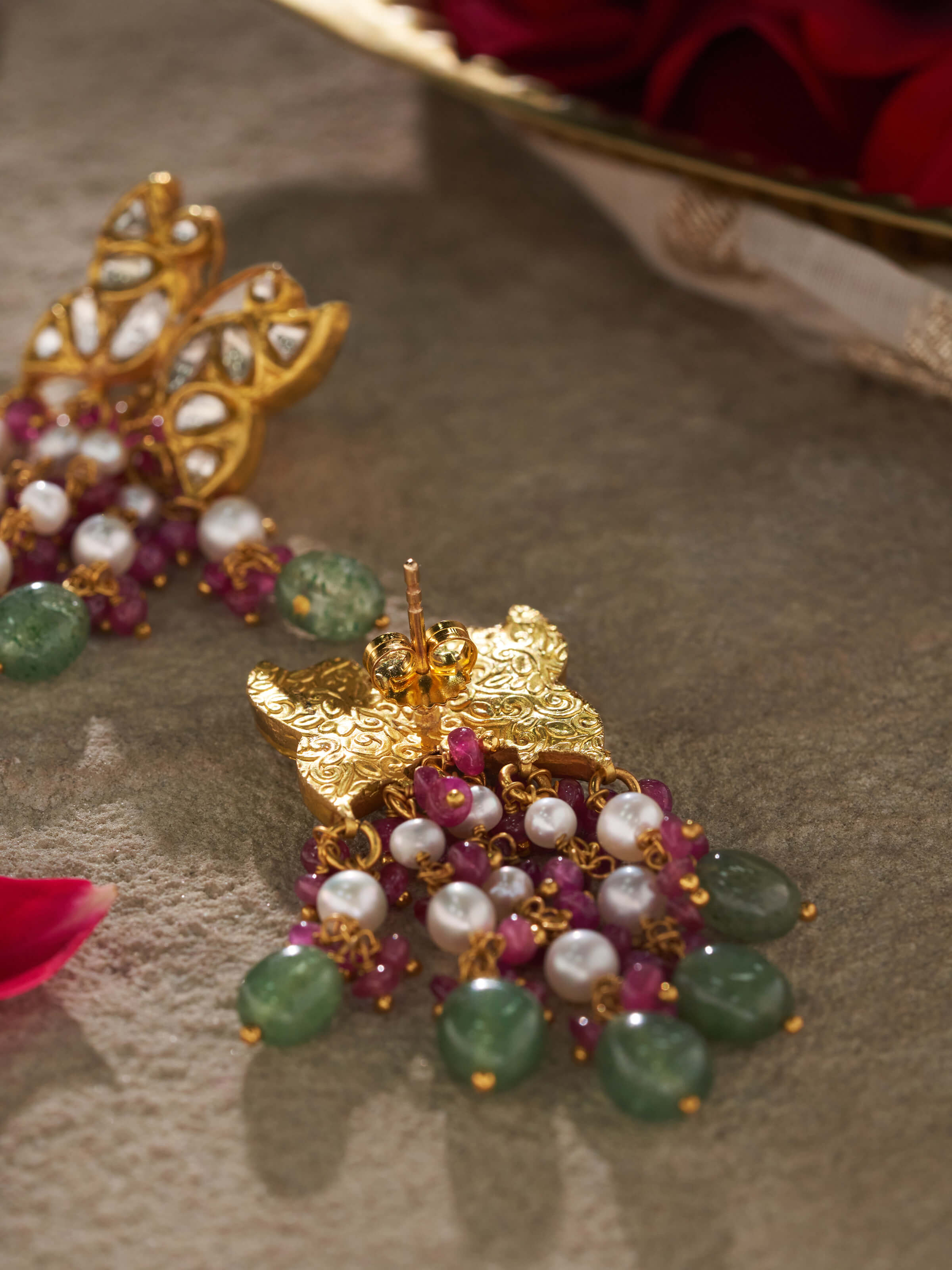 Alternate side view of Swadesh Thappa 22 Karat Gold Drop Earrings emphasizing graceful drop and intricate detailing