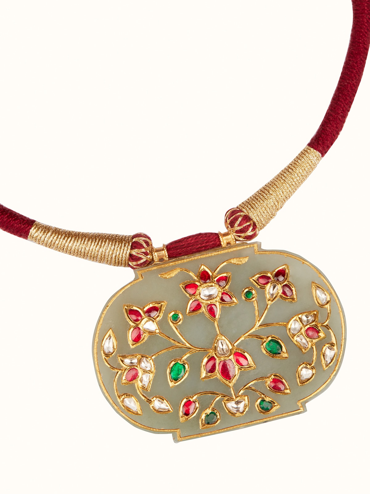 Close-up view of Stone Inlay 22 Karat Gold Collar Necklace emphasizing the intricate stone inlay and gold details