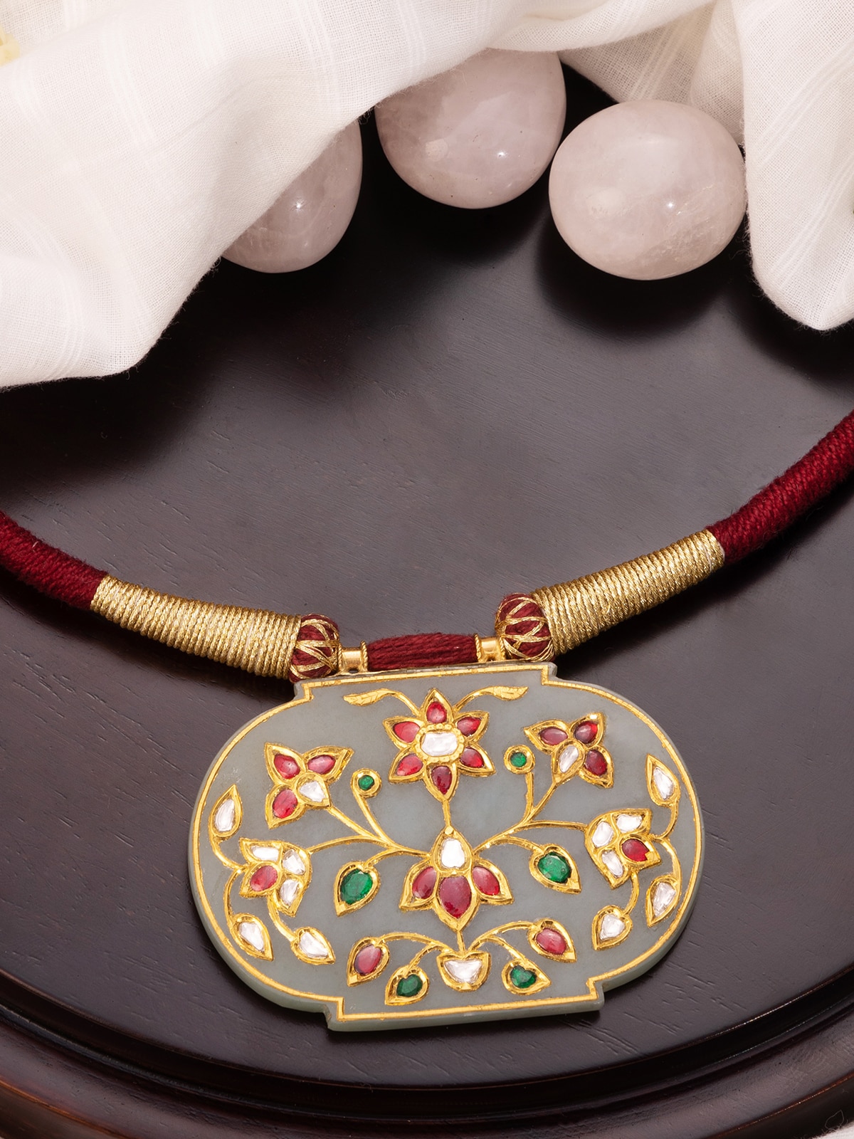Detailed view of Stone Inlay 22 Karat Gold Collar Necklace highlighting the luxurious gold and intricate stone inlay