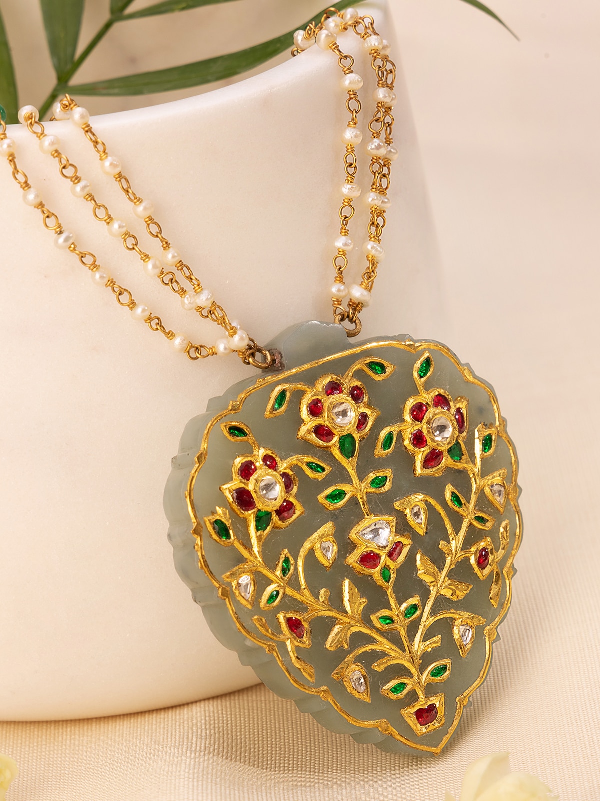 Side view of Stone Inlay 22 Karat Gold Collar Necklace showcasing detailed craftsmanship by Swadesh
