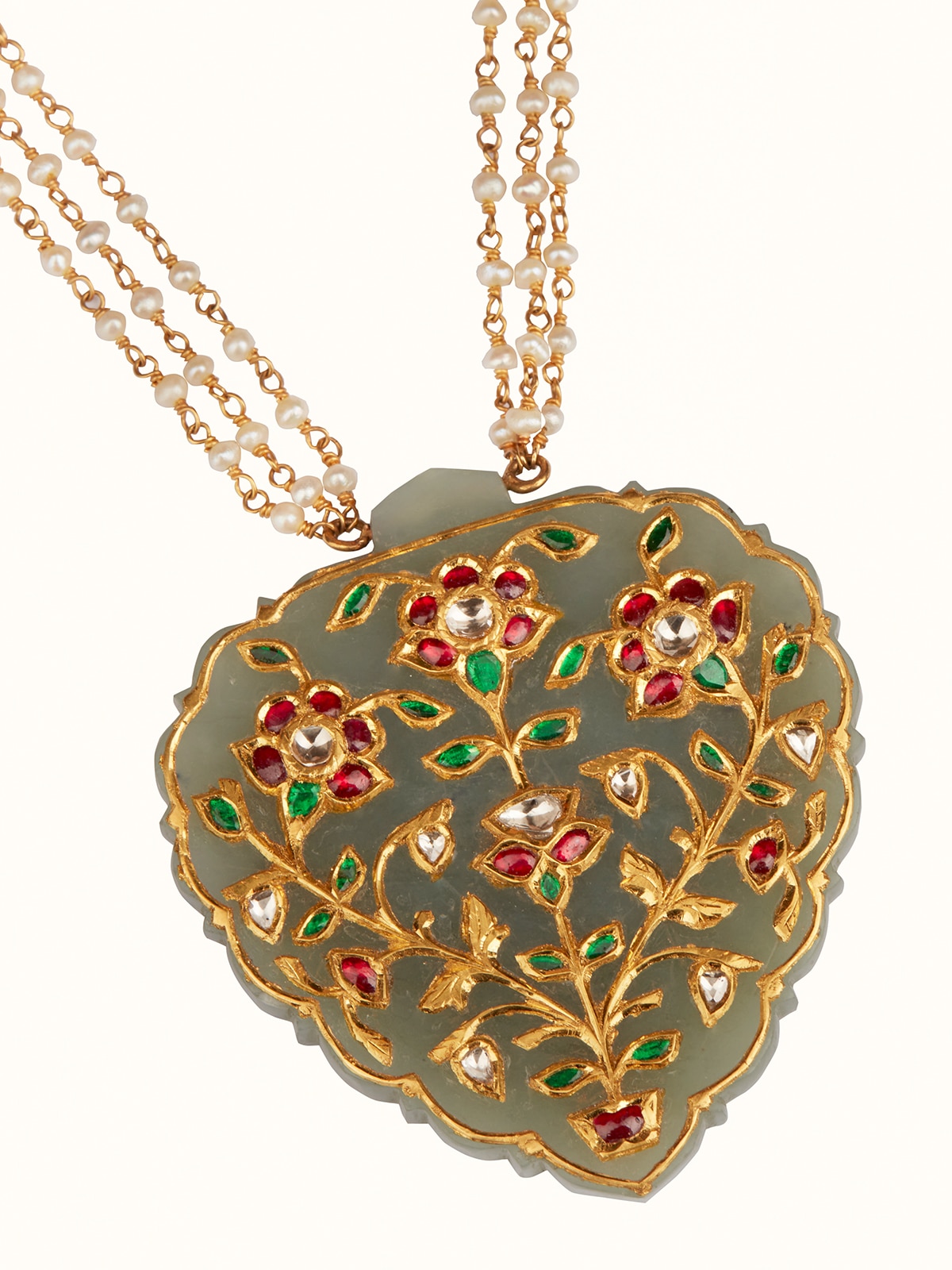 Angled view of Stone Inlay 22 Karat Gold Collar Necklace highlighting the elegant design by Swadesh