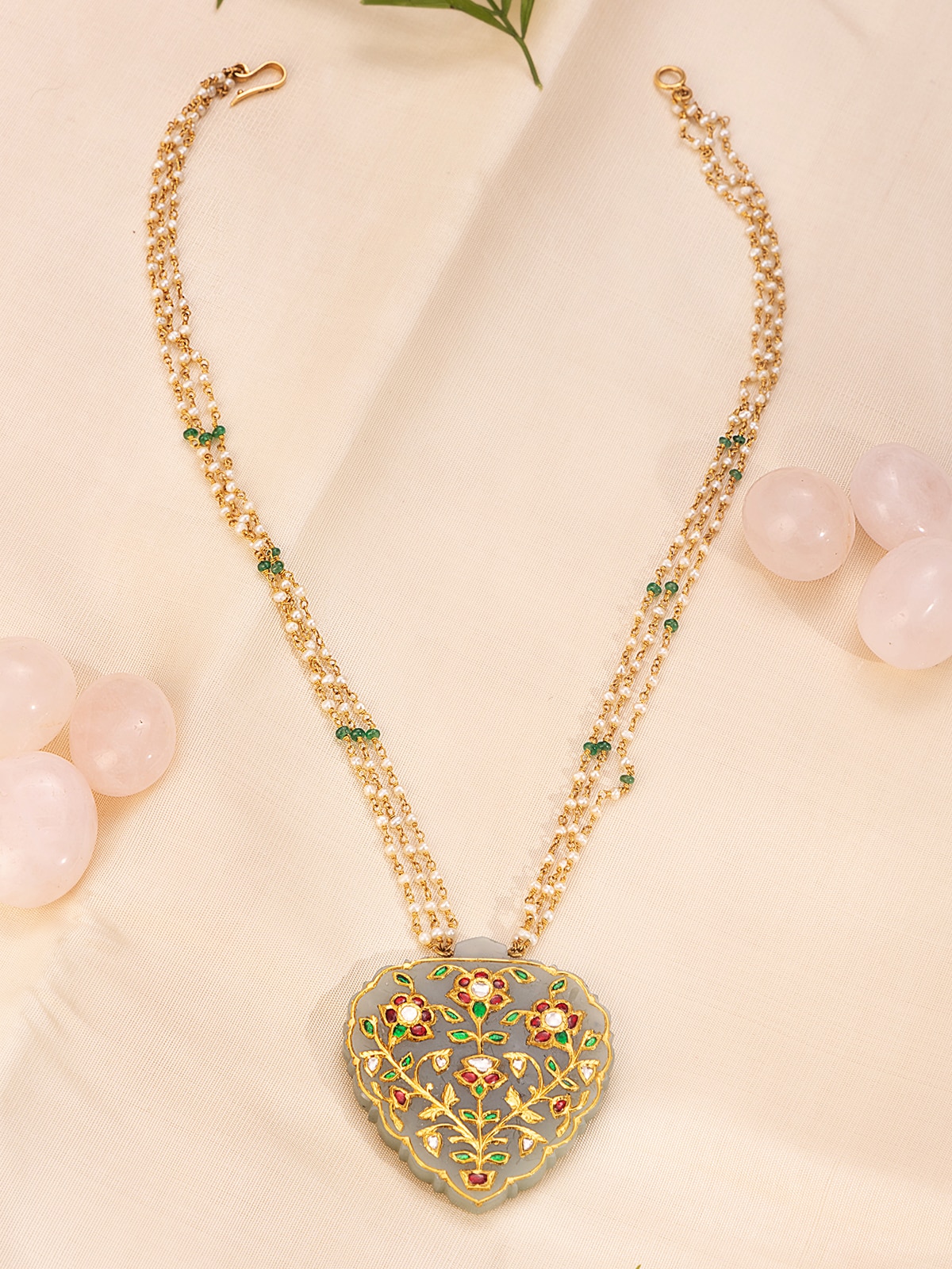 Detailed view of Stone Inlay 22 Karat Gold Collar Necklace showing intricate stone inlay work by Swadesh
