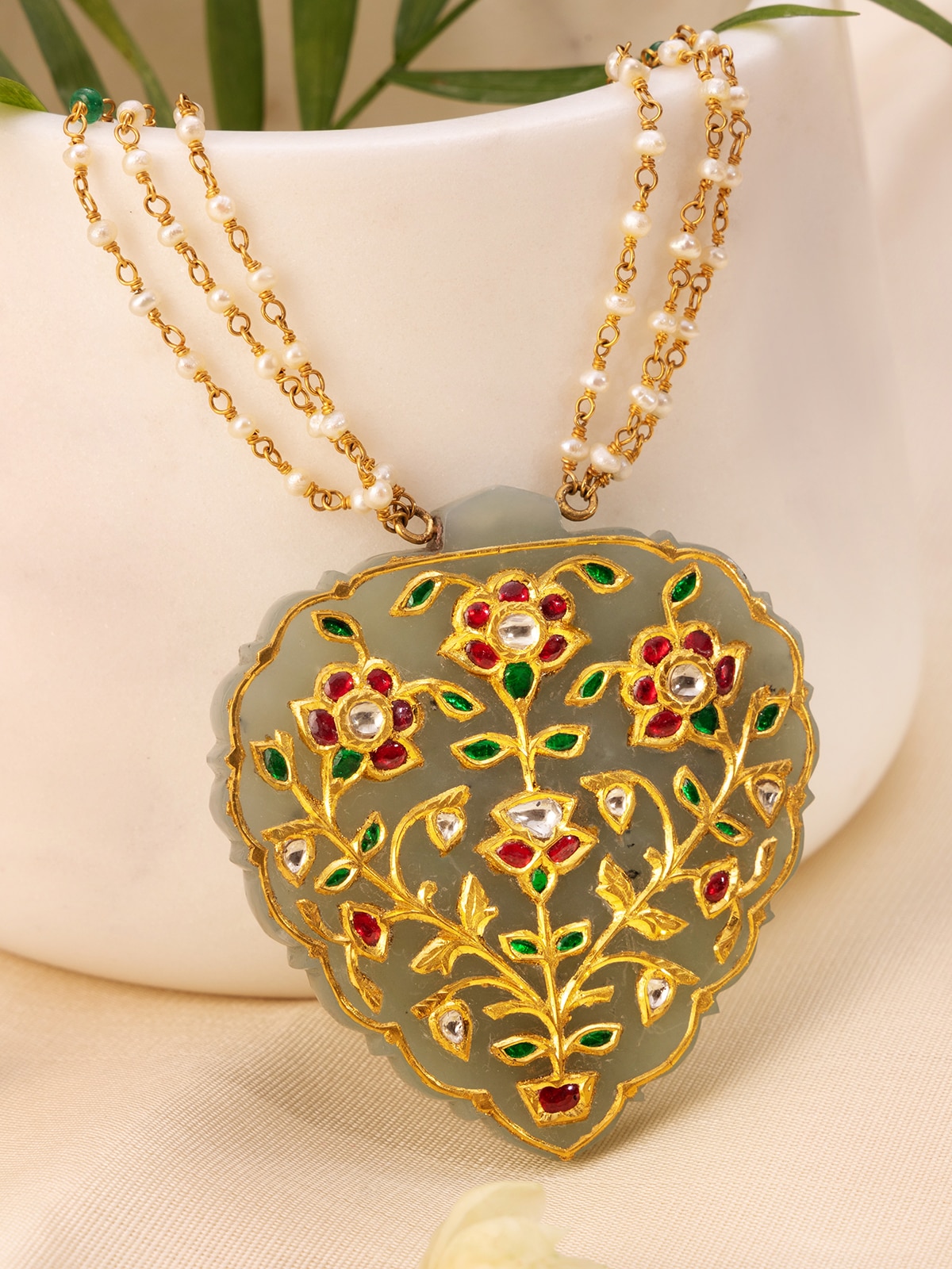 Close-up of Stone Inlay 22 Karat Gold Collar Necklace emphasizing detailed craftsmanship by Swadesh