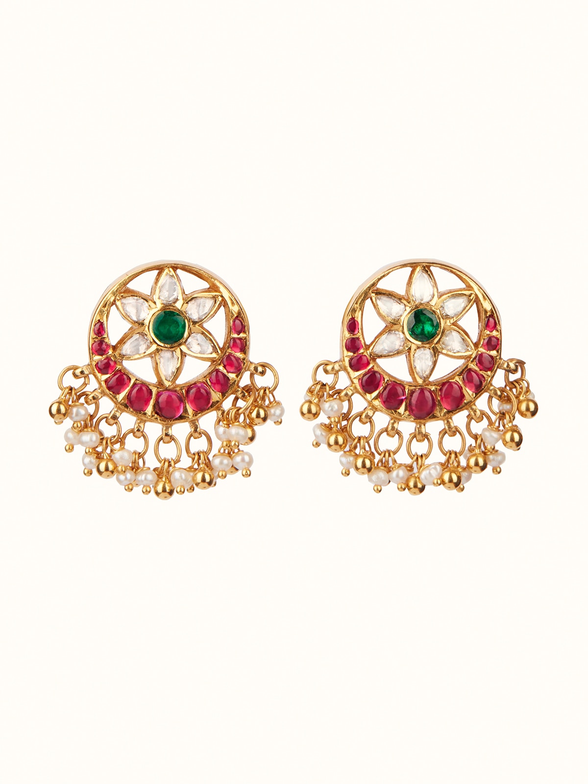 Front view of Kundala Velai 22 Karat Gold drop earrings highlighting their elegant design and luxurious finish.