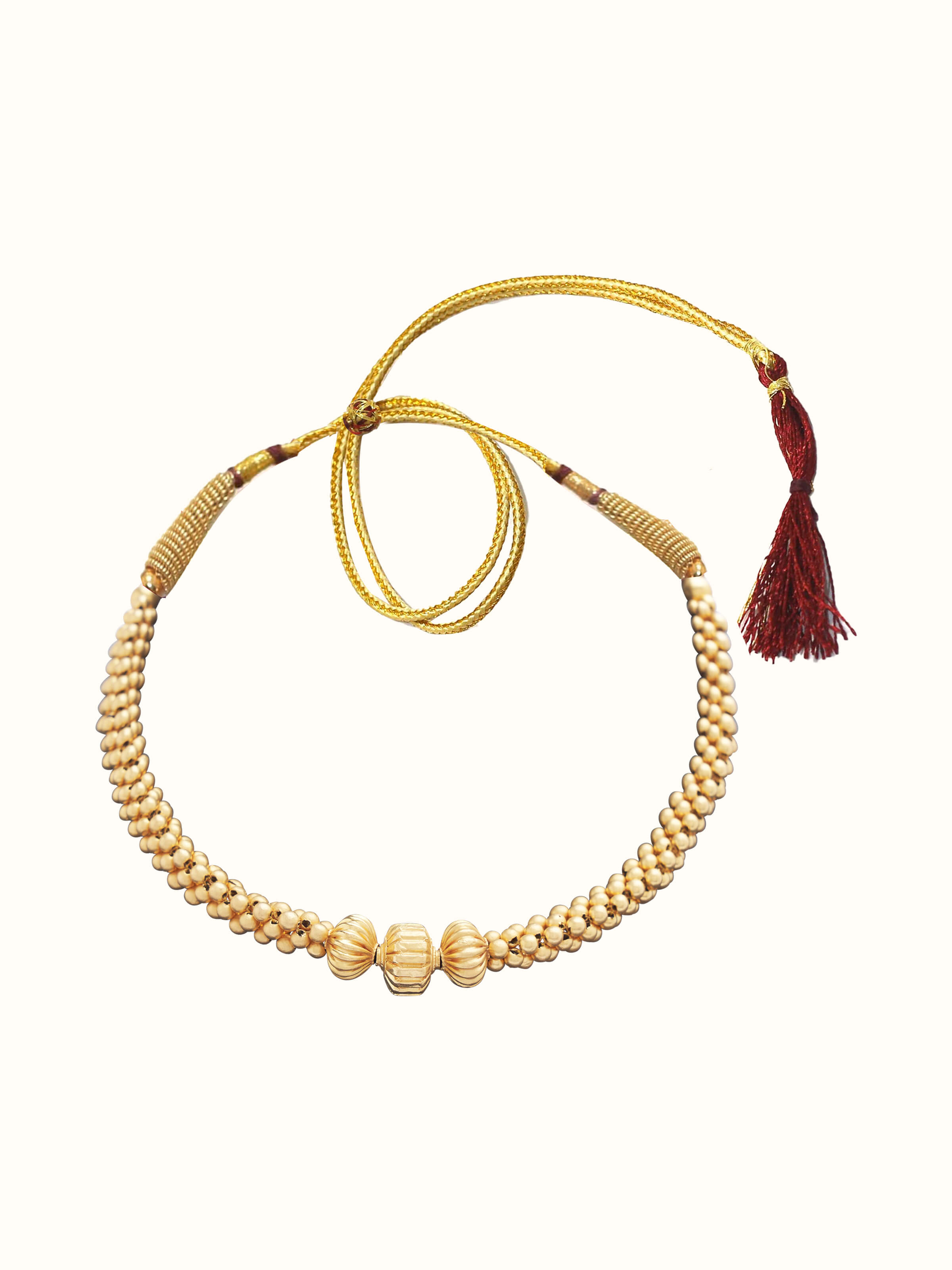 Front view of Thushi 22 Karat gold necklace showcasing intricate beads and traditional Maharashtrian design.