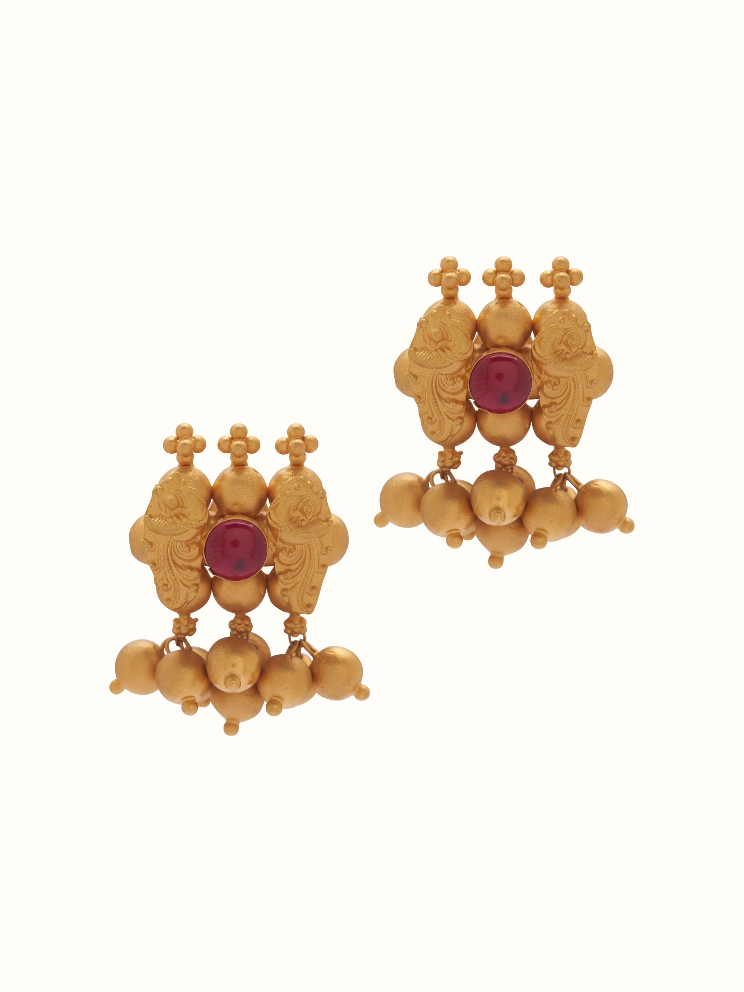 Front view of Thushi 22 karat gold drop earrings showcasing exquisite gold detailing