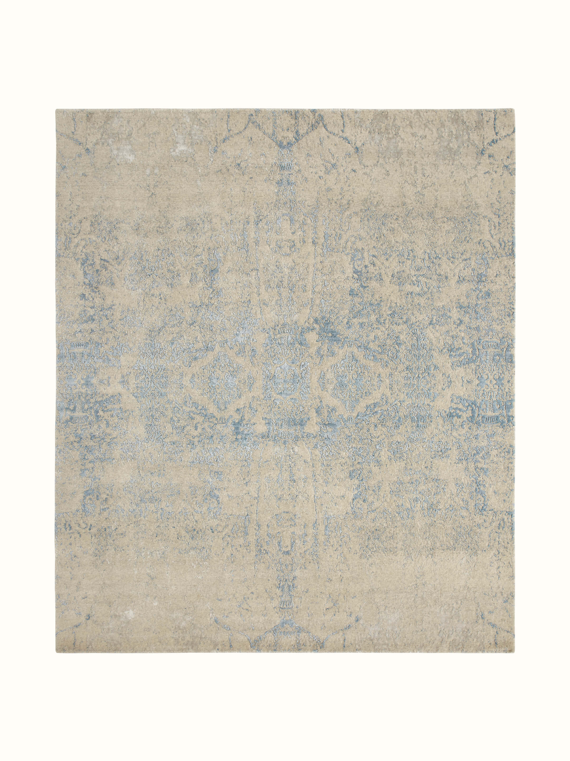 Front view of Modern Distressed Transitional Blue Bhadohi Wool & Viscose Hand-Knotted Rug, featuring a distressed blue pattern.