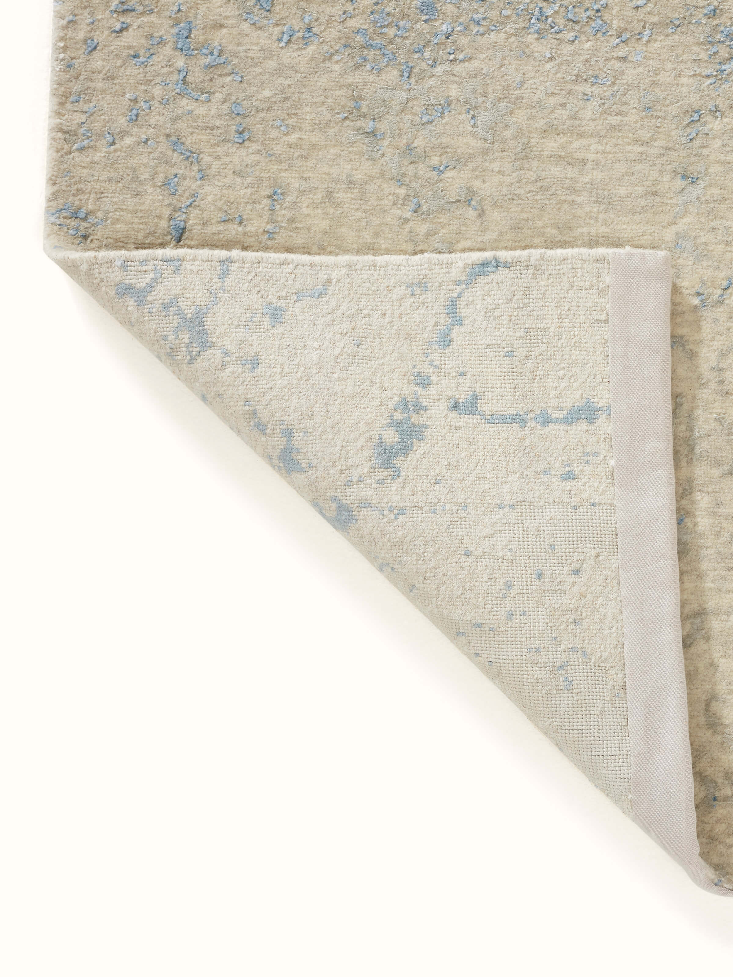 Full view of Modern Distressed Transitional Blue Bhadohi Wool & Viscose Hand-Knotted Rug, showing the complete design and color pattern.