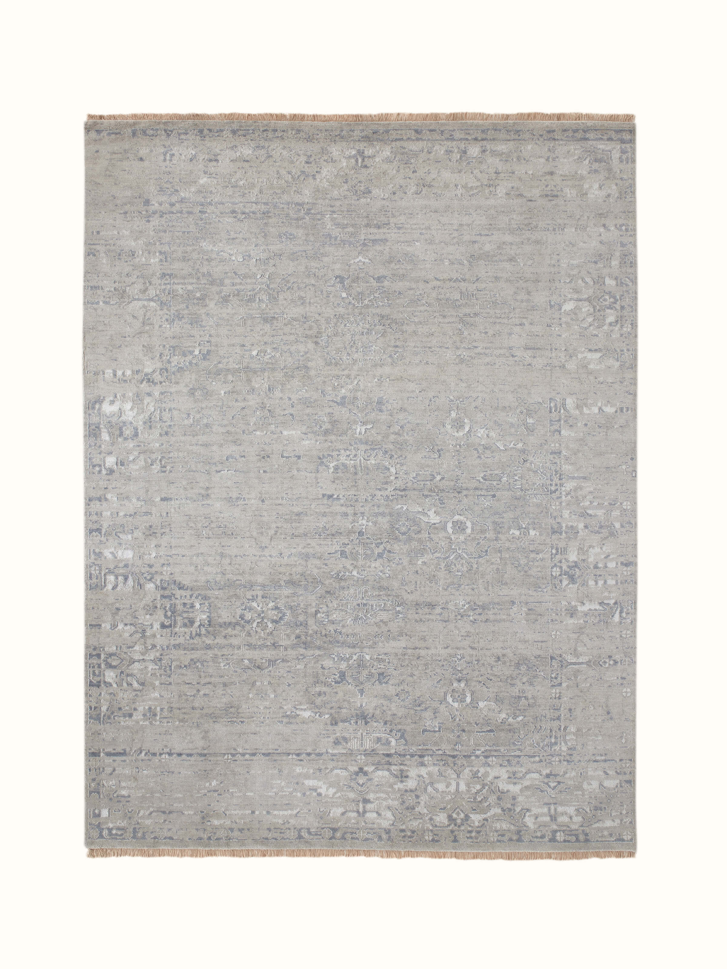 Full view of distressed transitional grey blue Bhadohi wool and silk hand-knotted rug, showcasing design