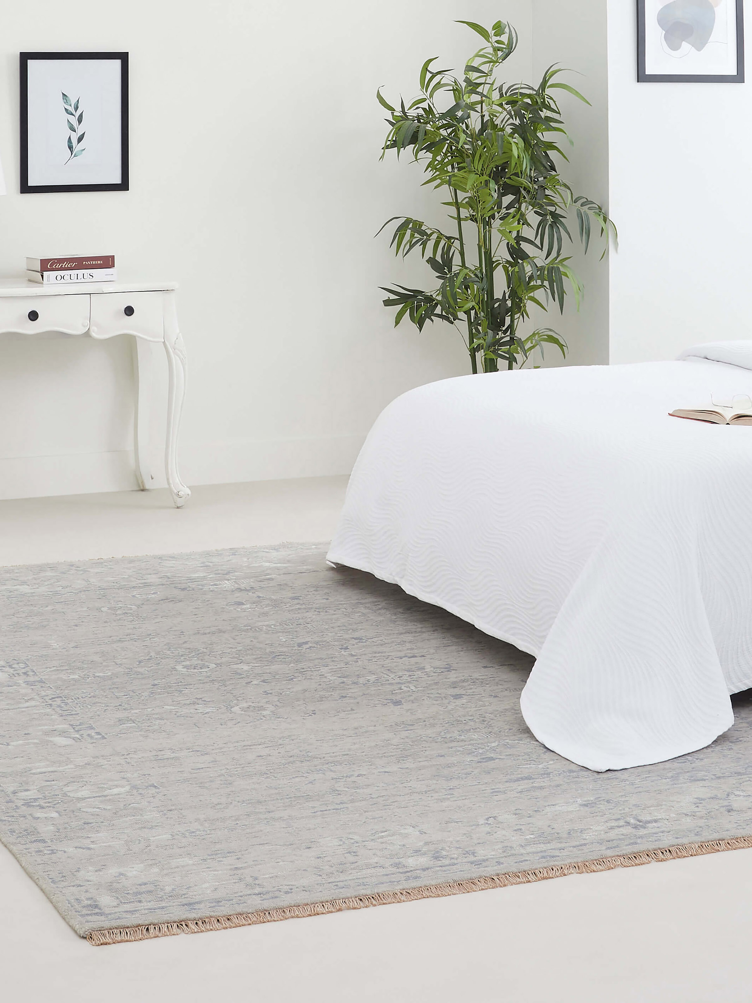 Lifestyle view of distressed transitional rug in grey-blue shades – Bhadohi wool & silk hand-knotted piece