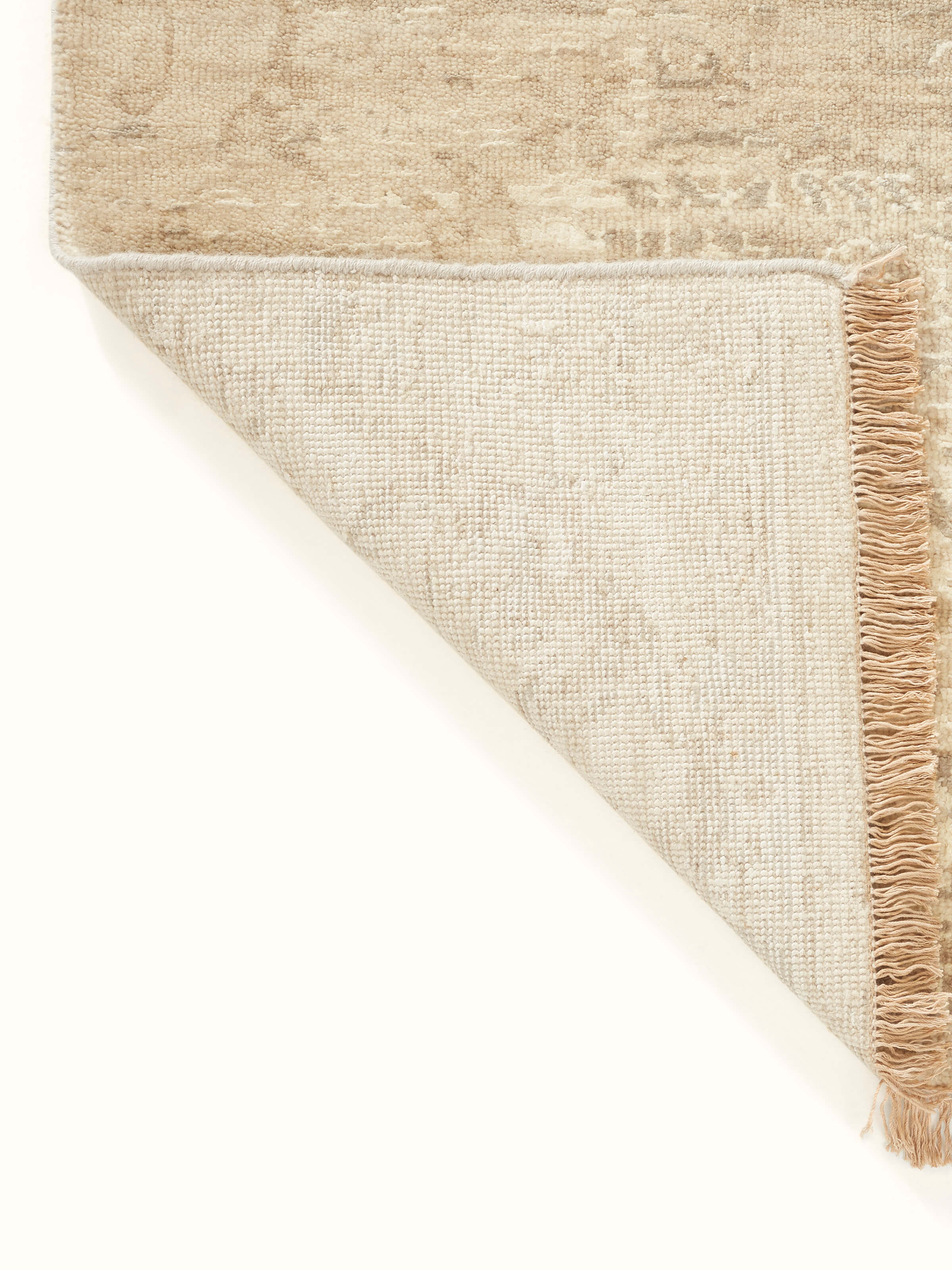 Full view of the Distressed Transitional Beige Brown Bhadohi Wool & Silk Hand-Knotted Rug, illustrating the overall design and color scheme.