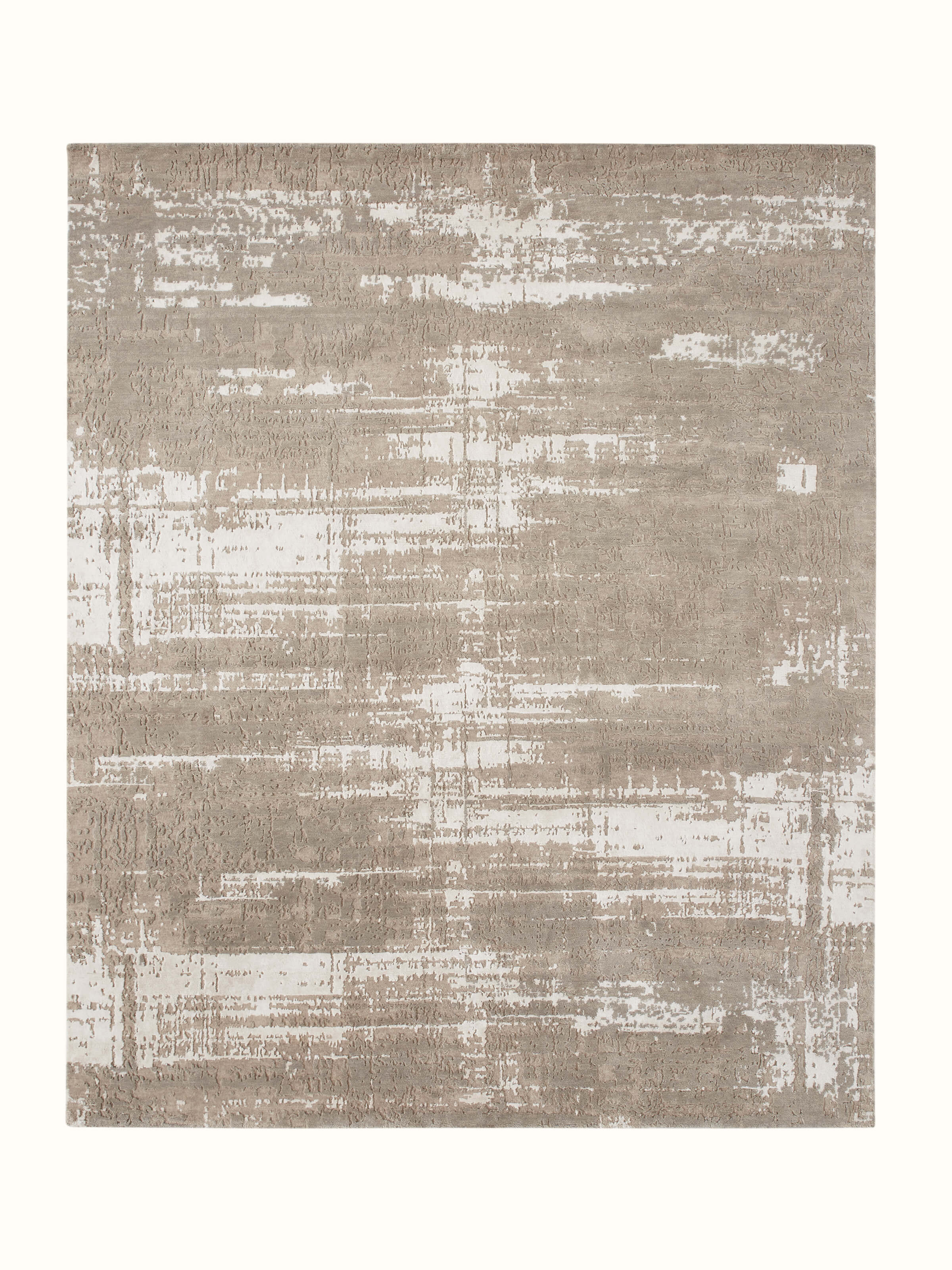 Front view of Modern distress abstract grey silver Bhadohi wool & viscose hand-knotted rug highlighting abstract design elements