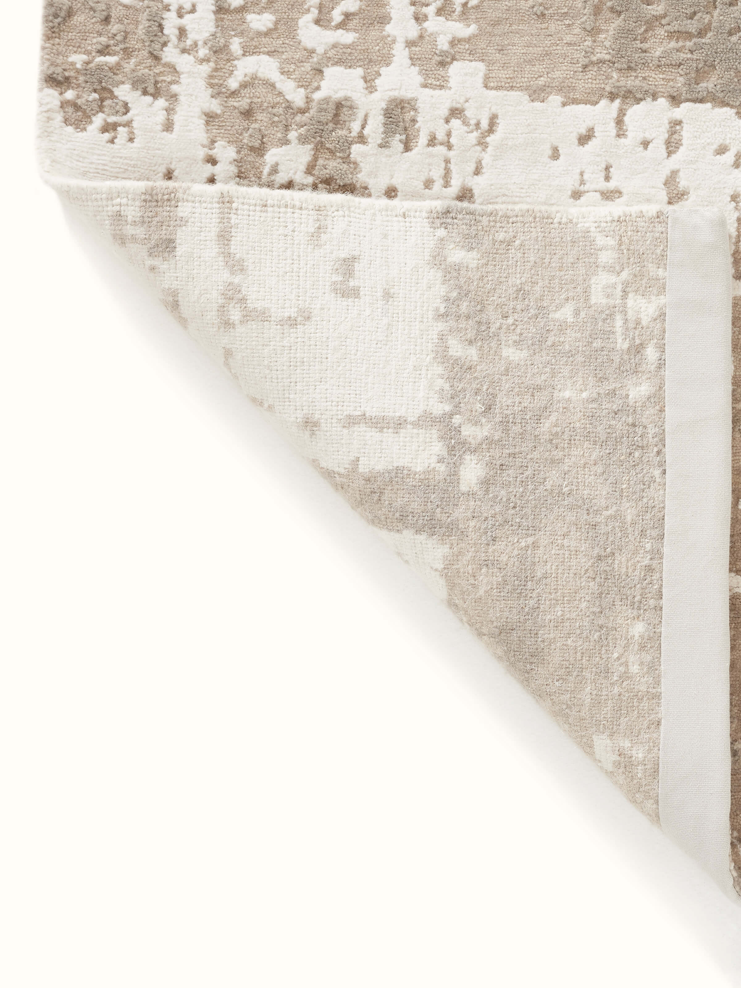 Back view of Modern distress abstract grey silver Bhadohi wool & viscose hand-knotted rug highlighting the weaving pattern