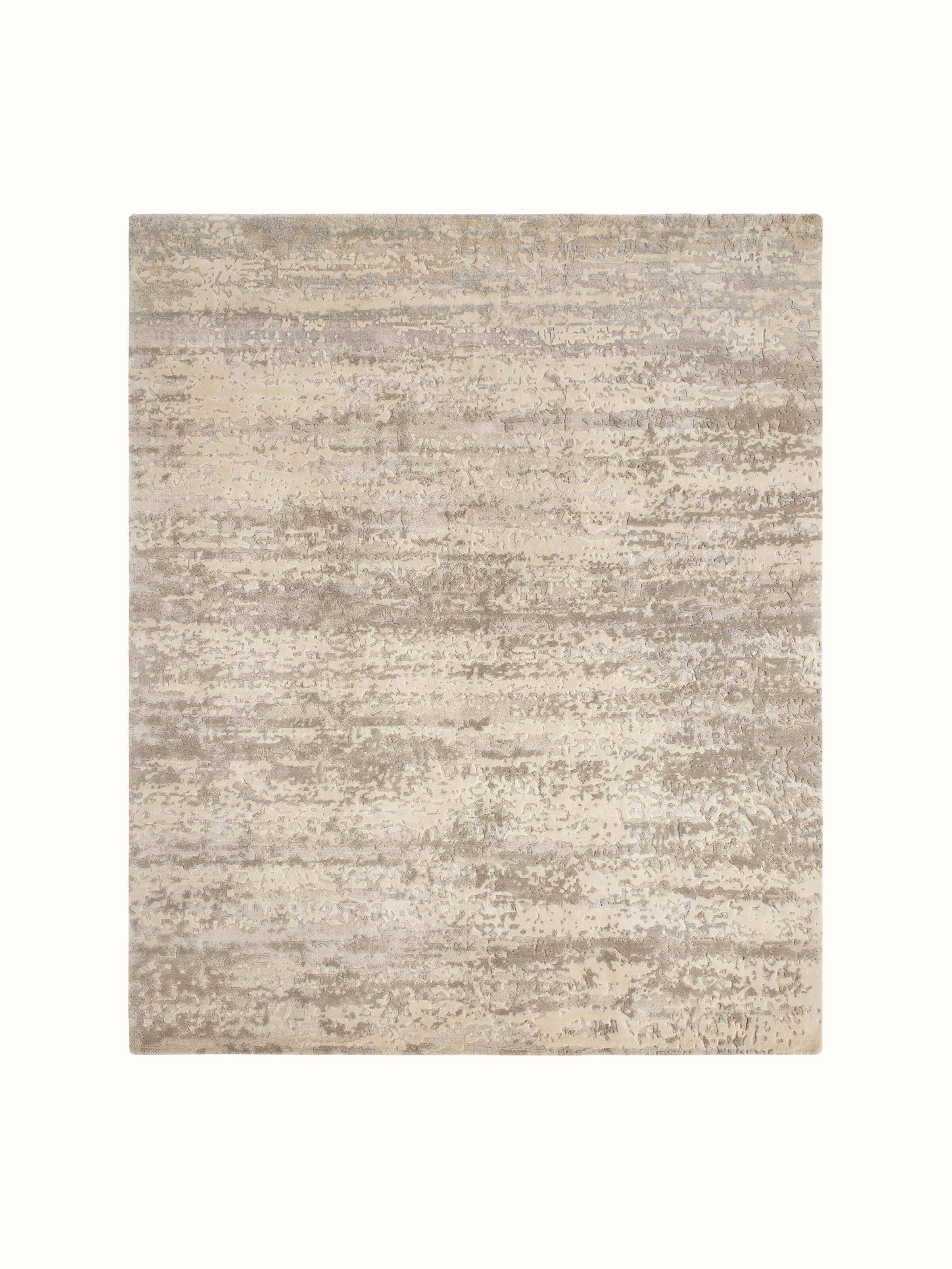 Front view of Modern Distress Abstract Grey Bhadohi Wool & Viscose Hand-Knotted Rug showcasing abstract design.