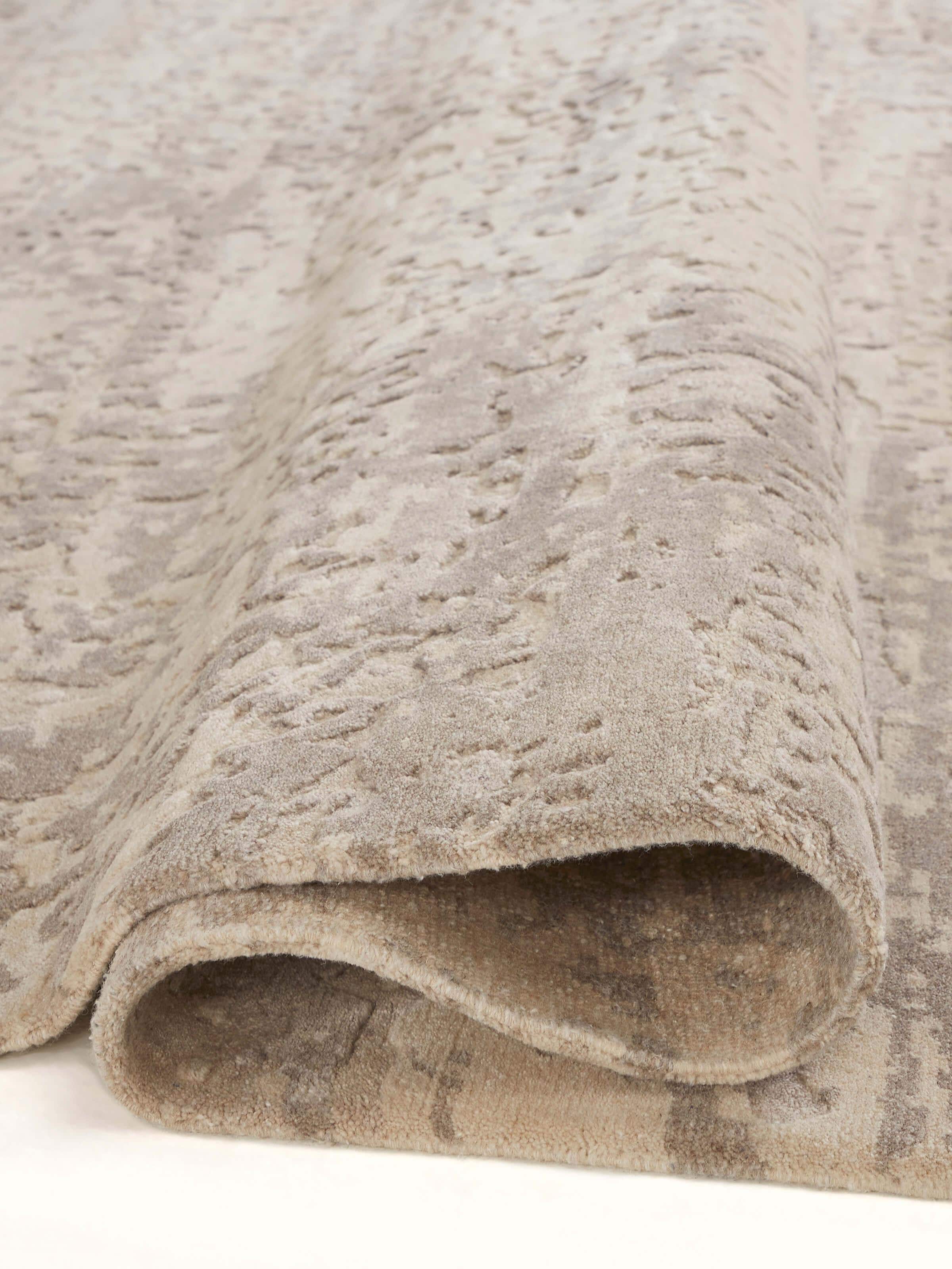 Detailed view of Modern Distress Abstract Grey Bhadohi Wool & Viscose Hand-Knotted Rug showing intricate weaving.