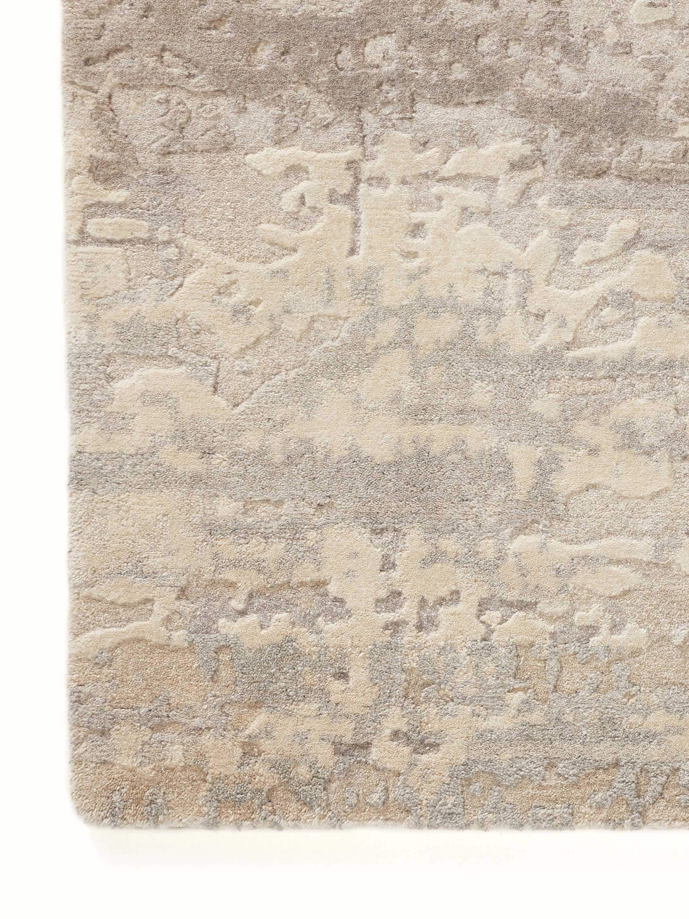 Close-up of Modern Distress Abstract Grey Bhadohi Wool & Viscose Hand-Knotted Rug emphasizing texture and detail.