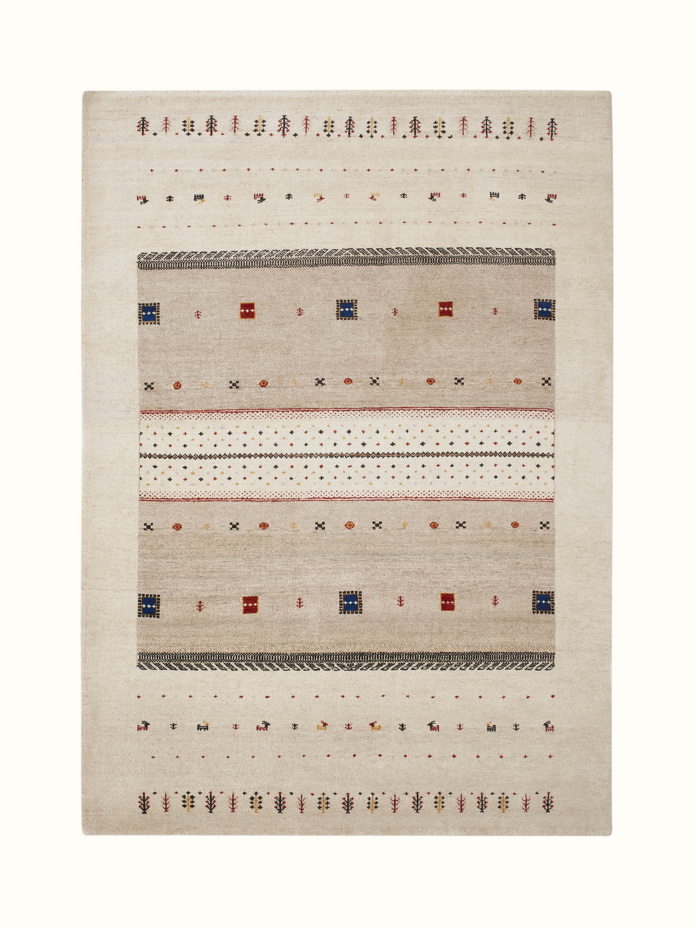 Traditional Gabbeh ivory beige Bhadohi wool hand-knotted rug with kharad pattern, close-up view.