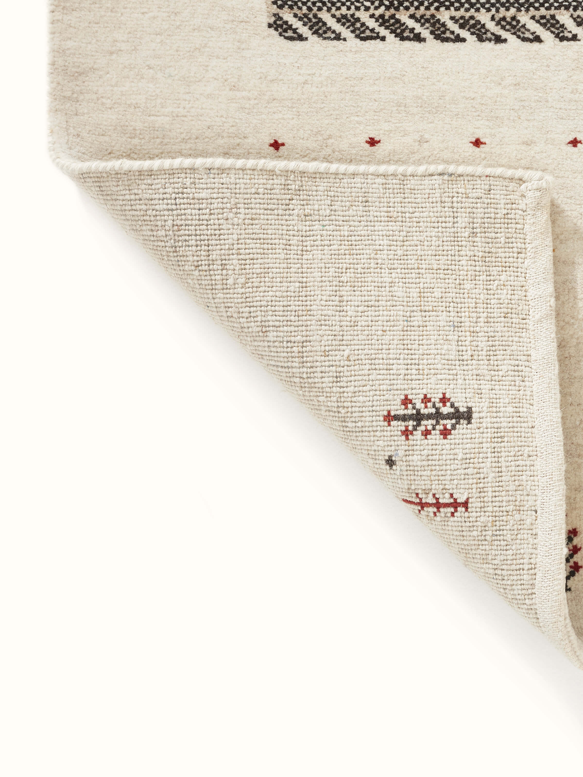 Traditional Gabbeh ivory beige Bhadohi wool hand-knotted rug with kharad pattern, broader view.