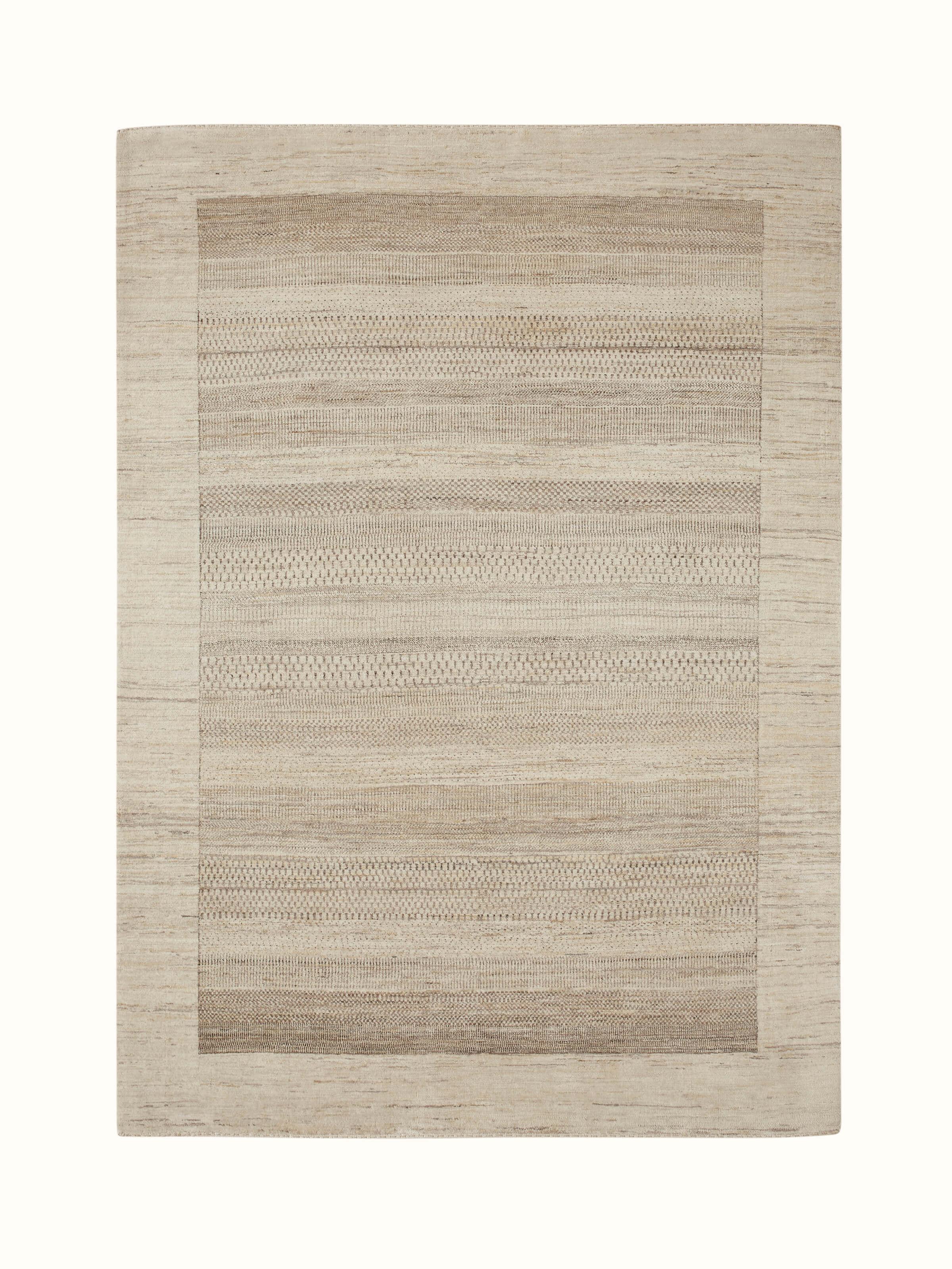 Full view of Traditional Gabbeh beige brown Bhadohi wool hand-knotted rug kharad showcasing its warm colors and traditional design