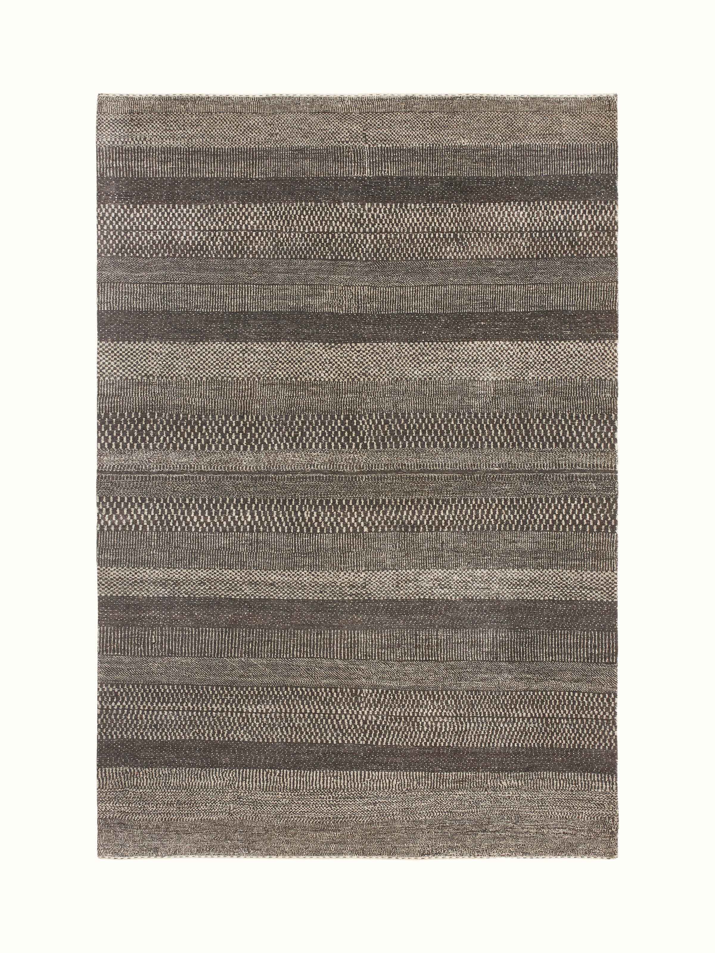 Full view of Traditional Gabbeh Grey Charcoal Bhadohi Wool Hand-Knotted Rug showing the intricate pattern and rich charcoal grey color.