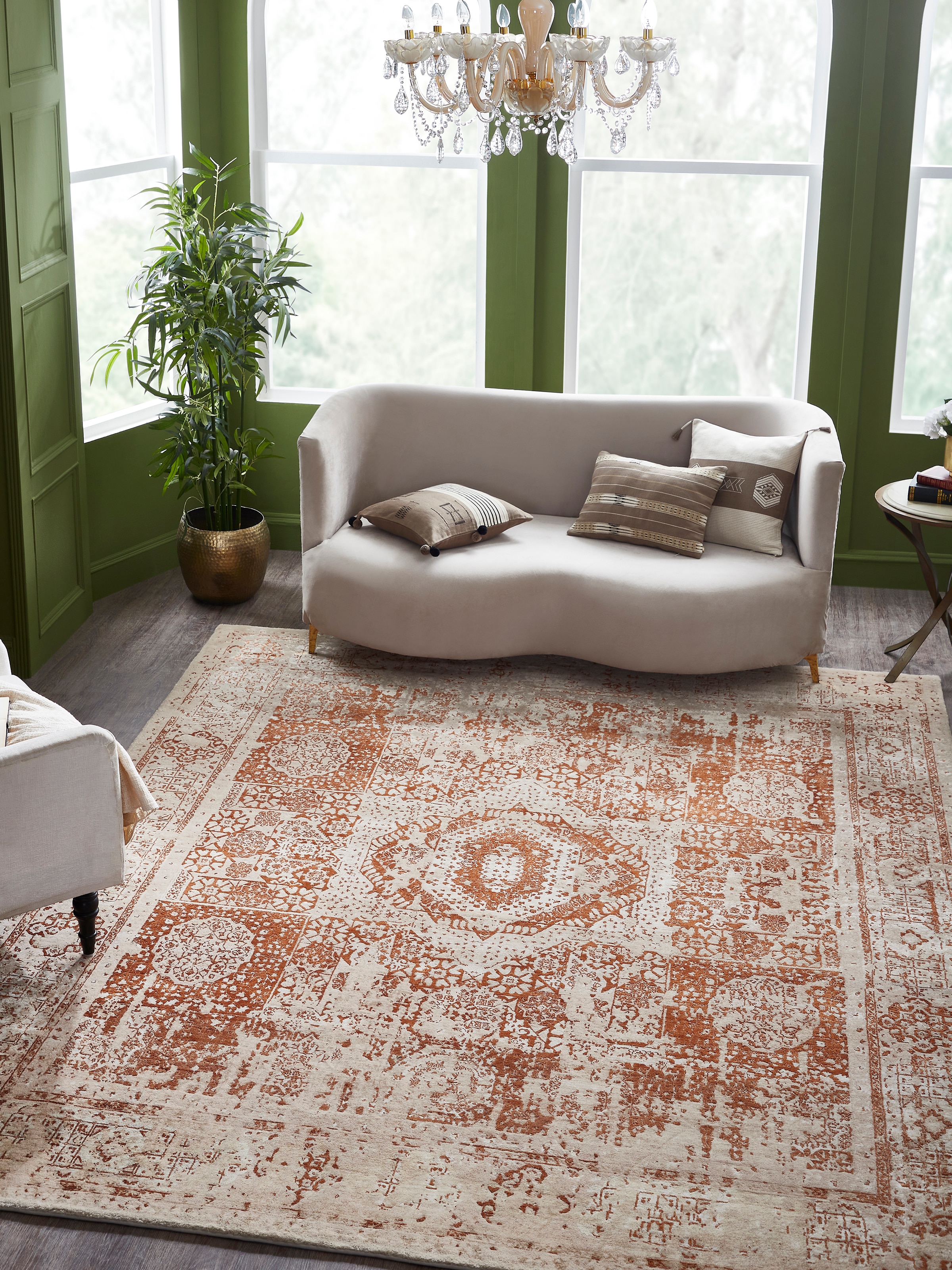 Lifestyle view of Distressed Mamluk Rug in Beige and Rust, crafted in Bhadohi with wool and viscose blend for antique aesthetics and soft texture.
